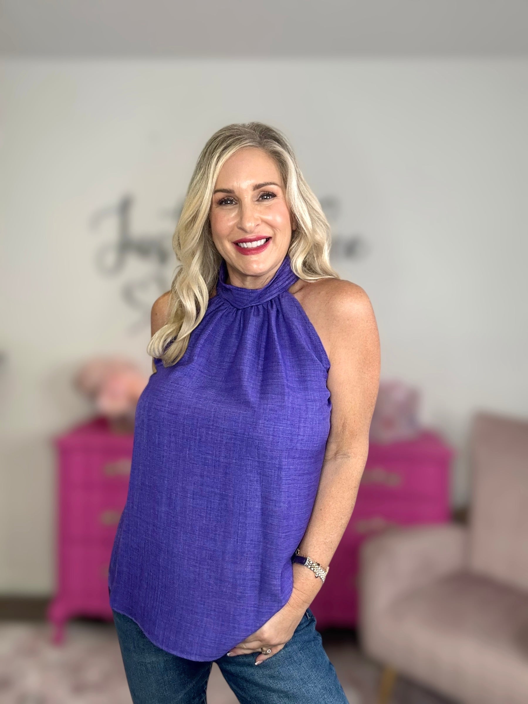 The Purple Pleated Halter Top