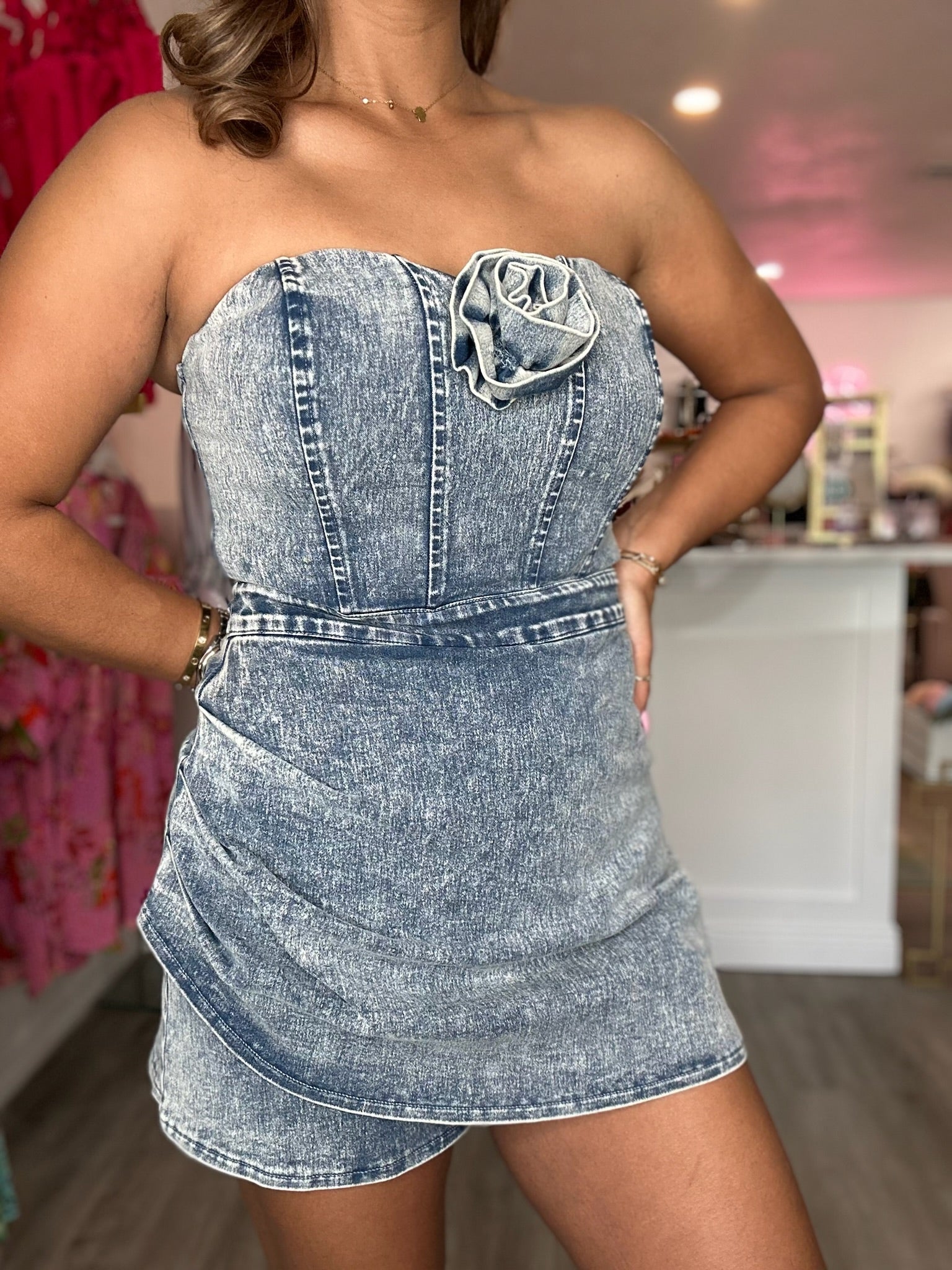 Acid Wash Denim Rose Romper