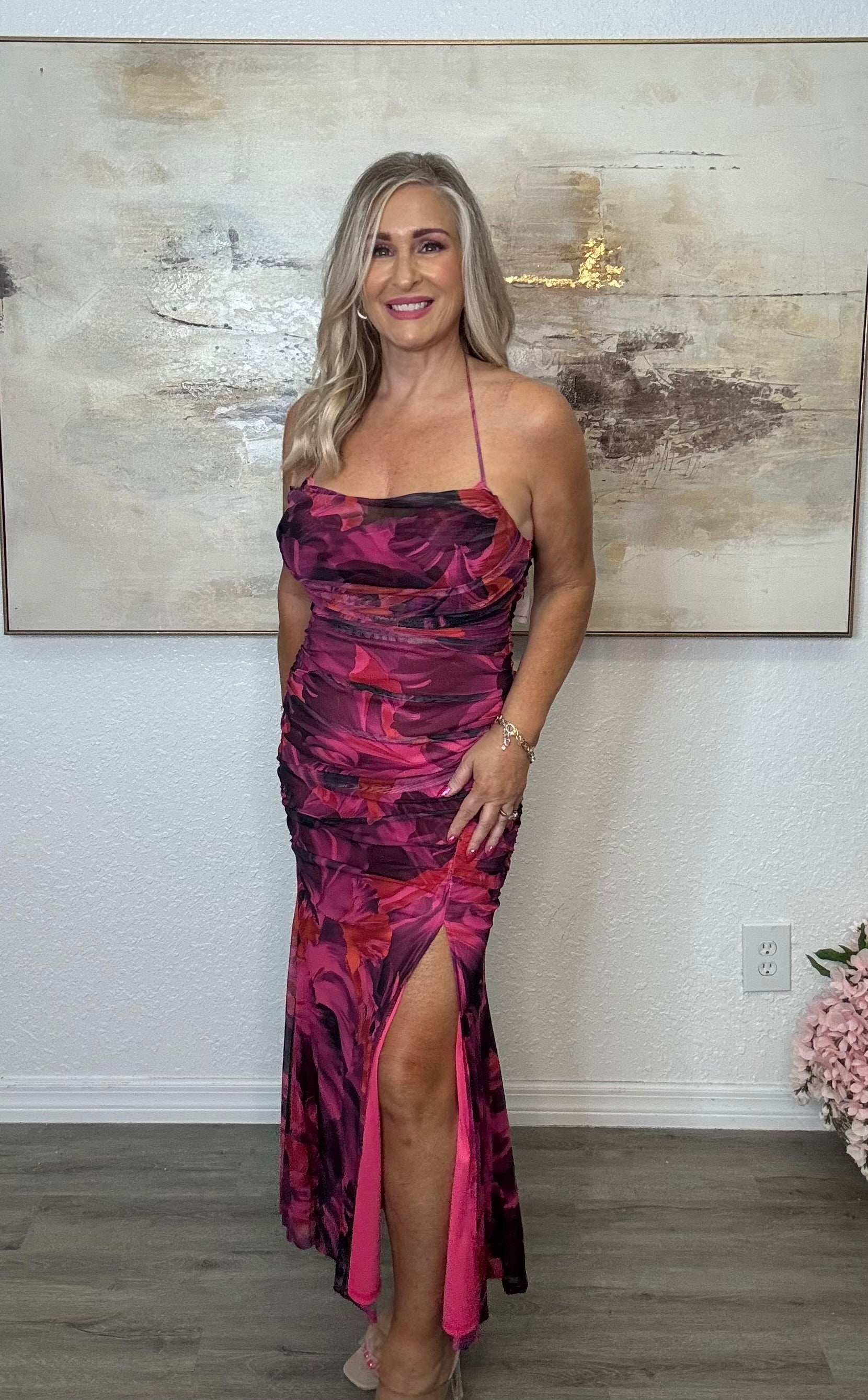 Printed Mesh Floral Midi Dress