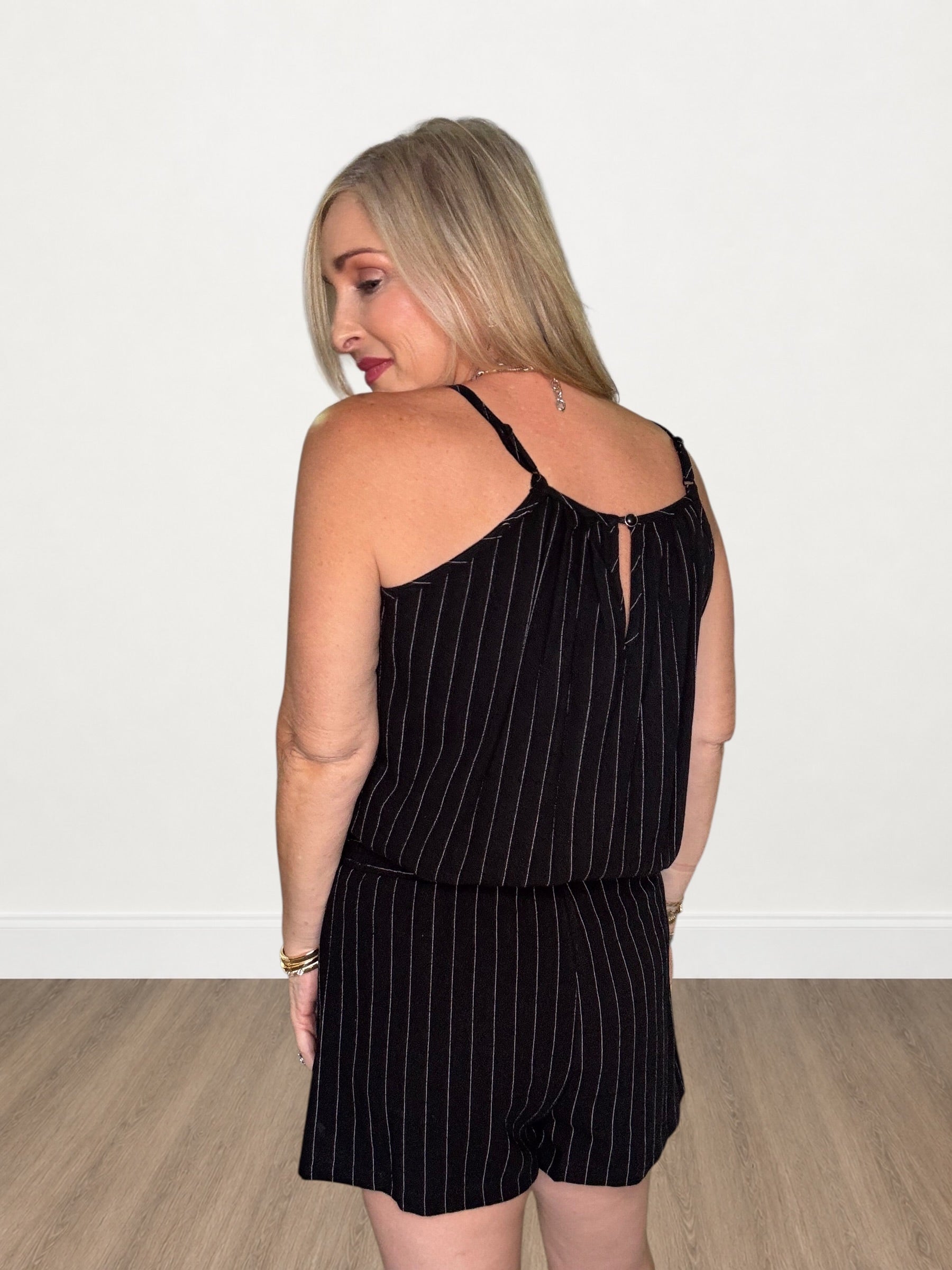 Pin Strip Black Cami Top with Elastic Waist