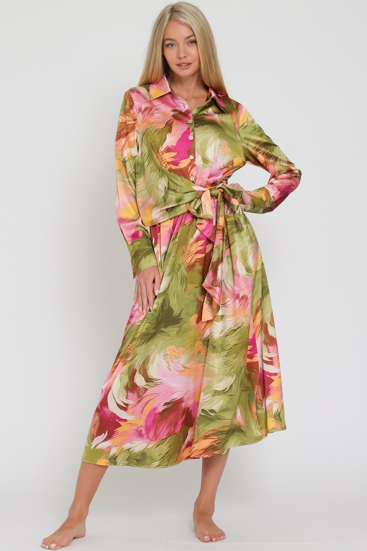 Olive and Pink Down Midi Dress
