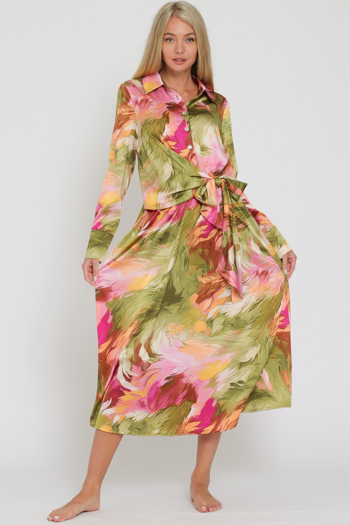 Olive and Pink Down Midi Dress