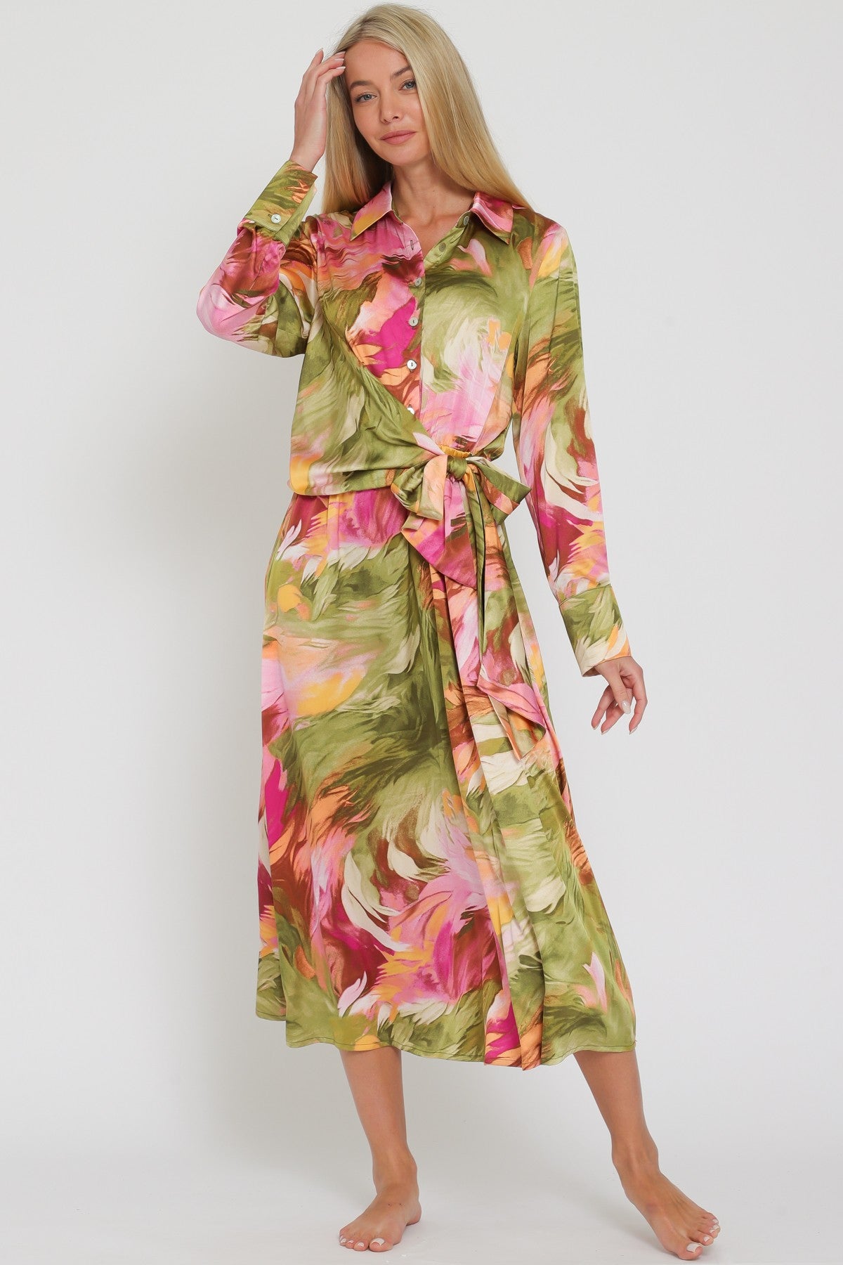 Olive and Pink Down Midi Dress