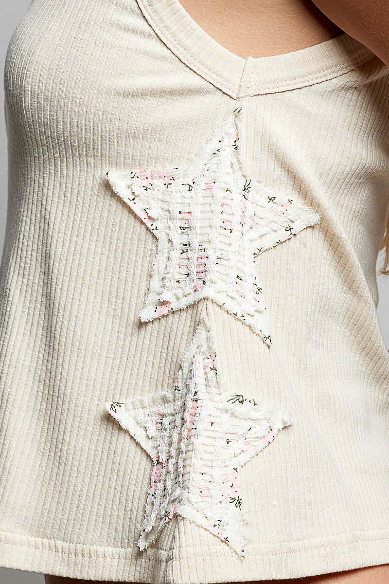 Star Patch Rib V-Neck Sleeveless Top