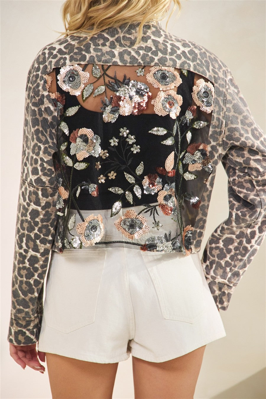 Leopard Denim Jacket with Contrast Floral Sequin Back