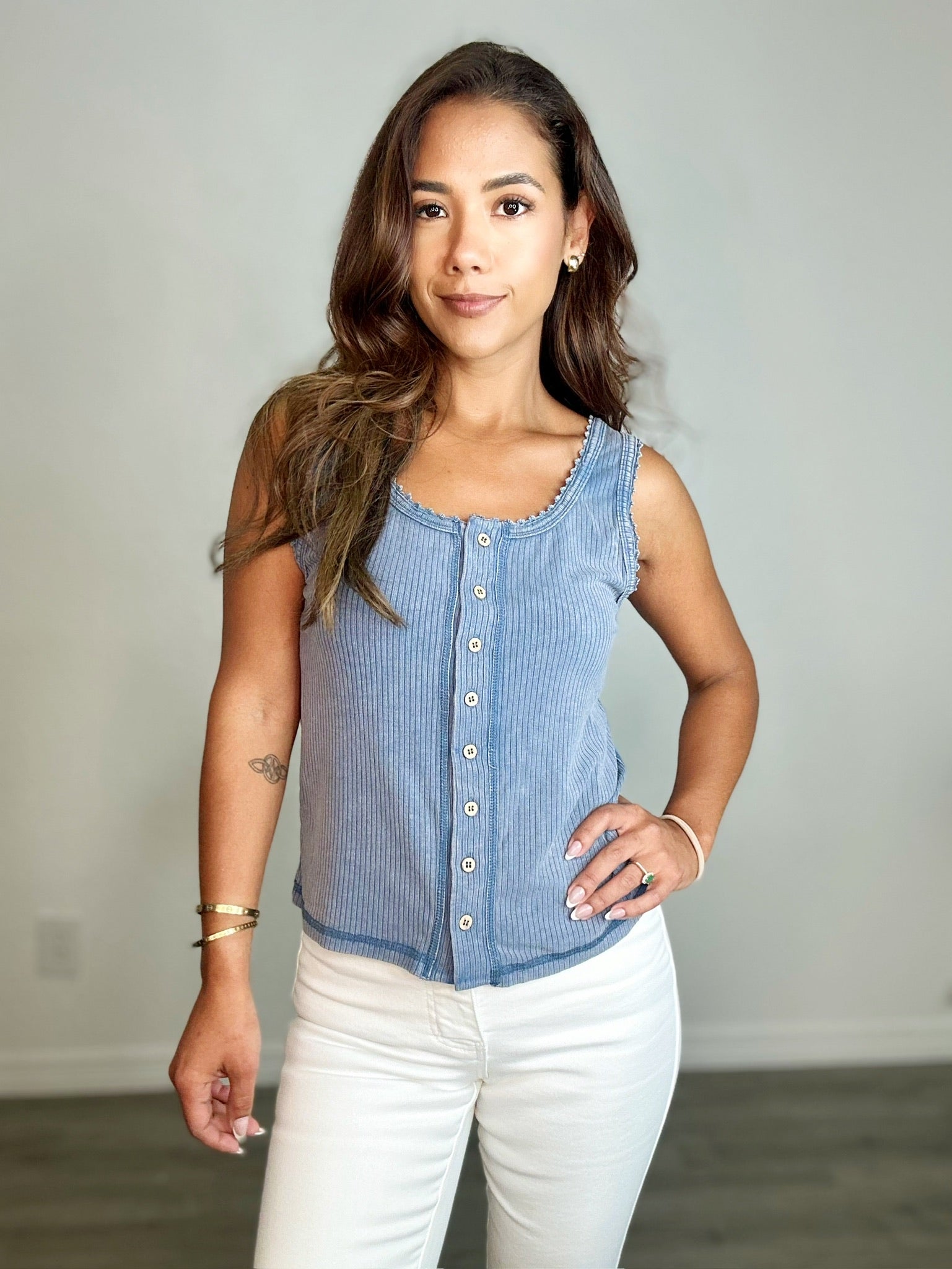 Mineral Washed Lace Trim Tank Top