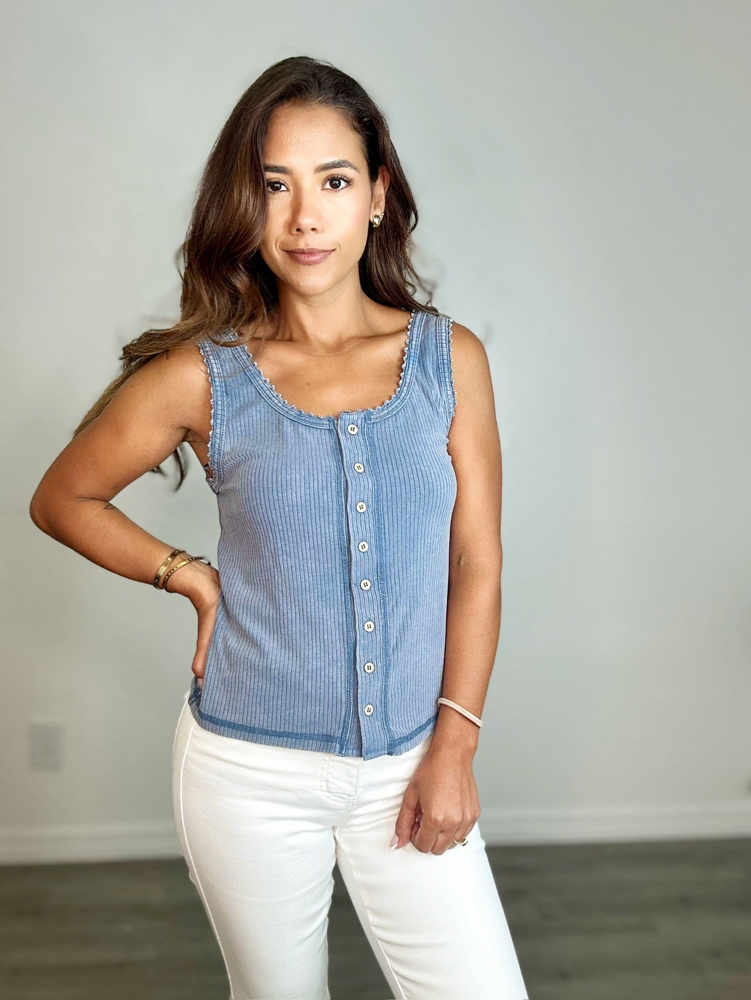 Mineral Washed Lace Trim Tank Top