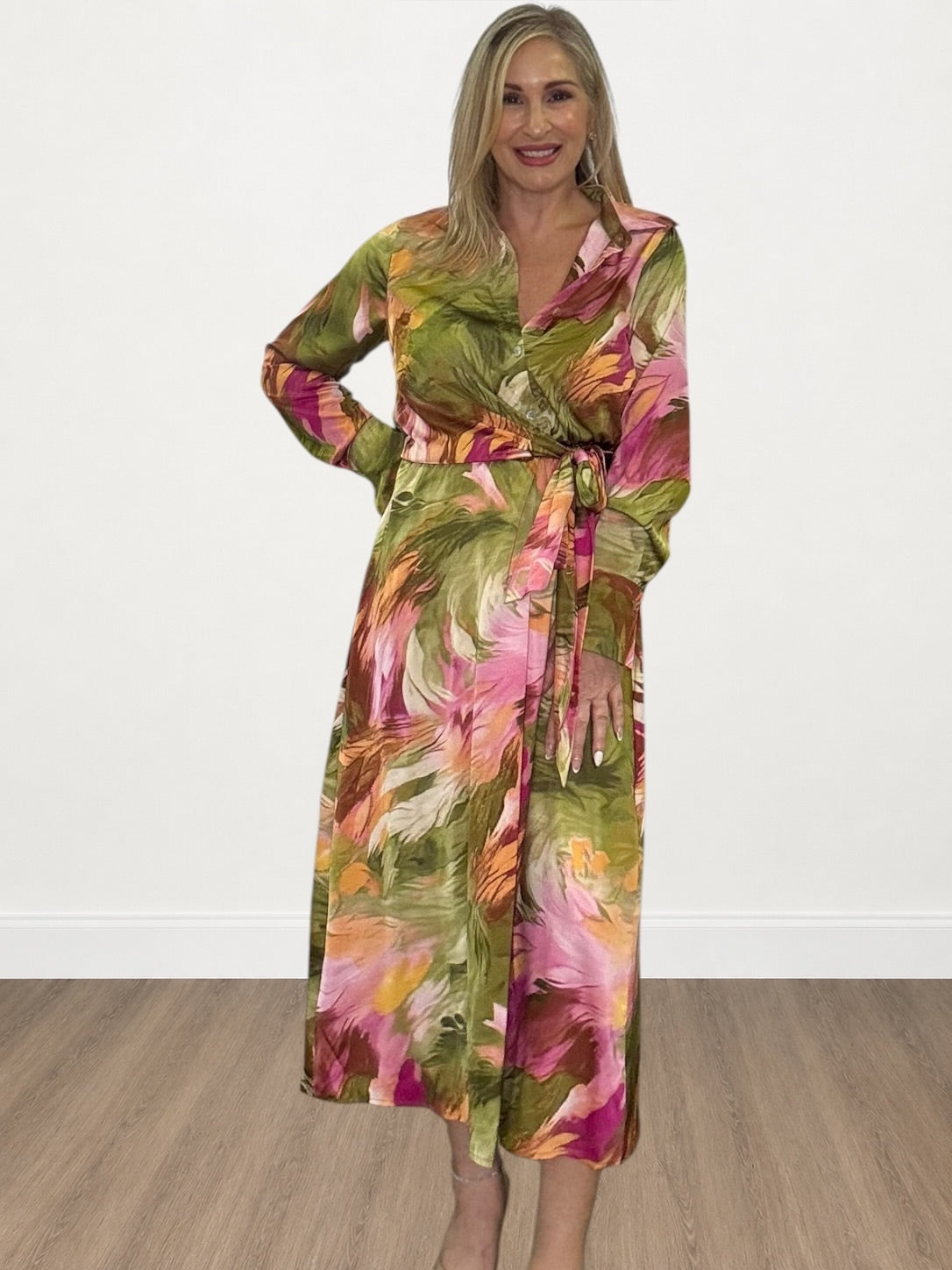 Olive and Pink Down Midi Dress
