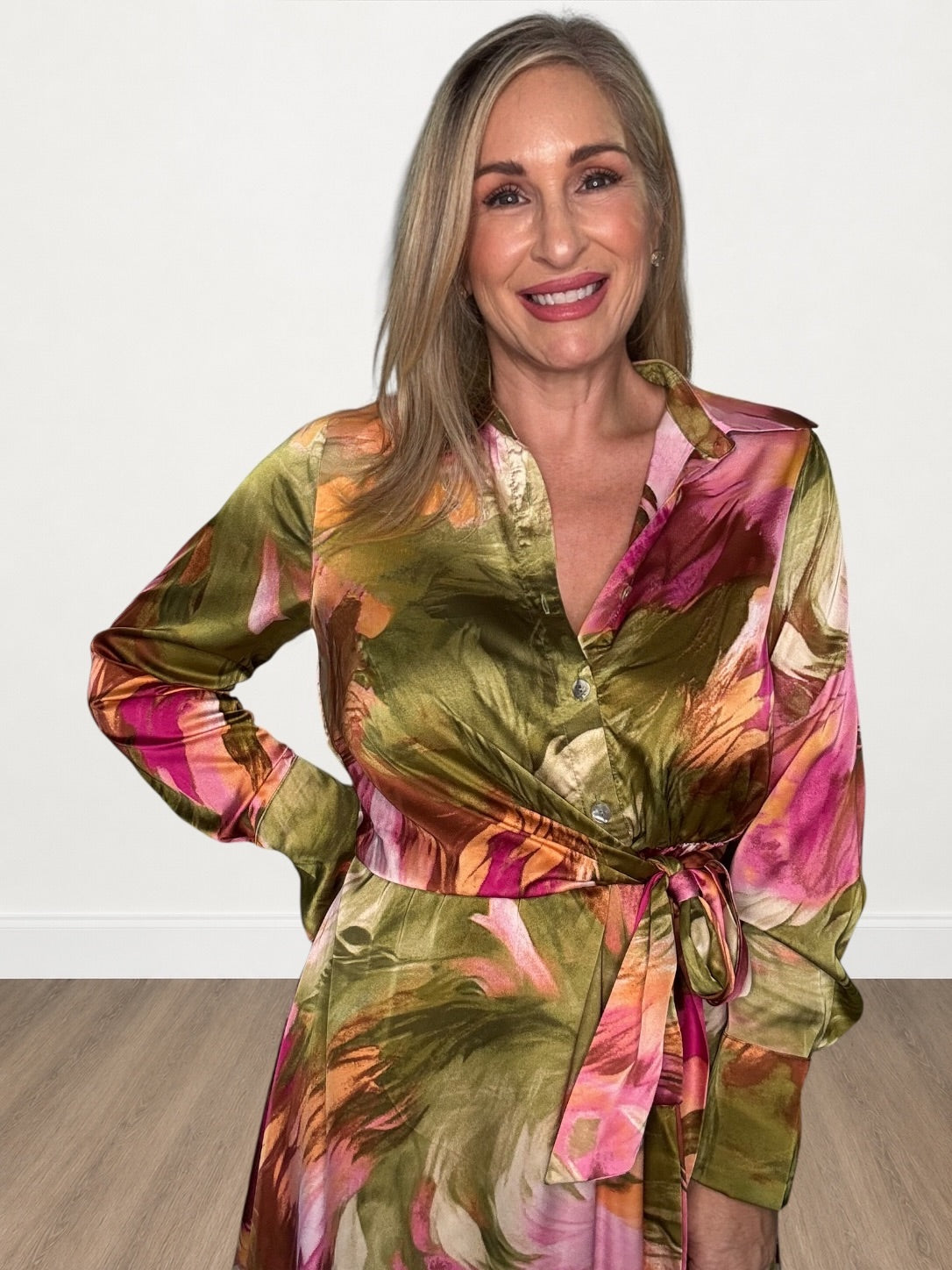 Olive and Pink Down Midi Dress