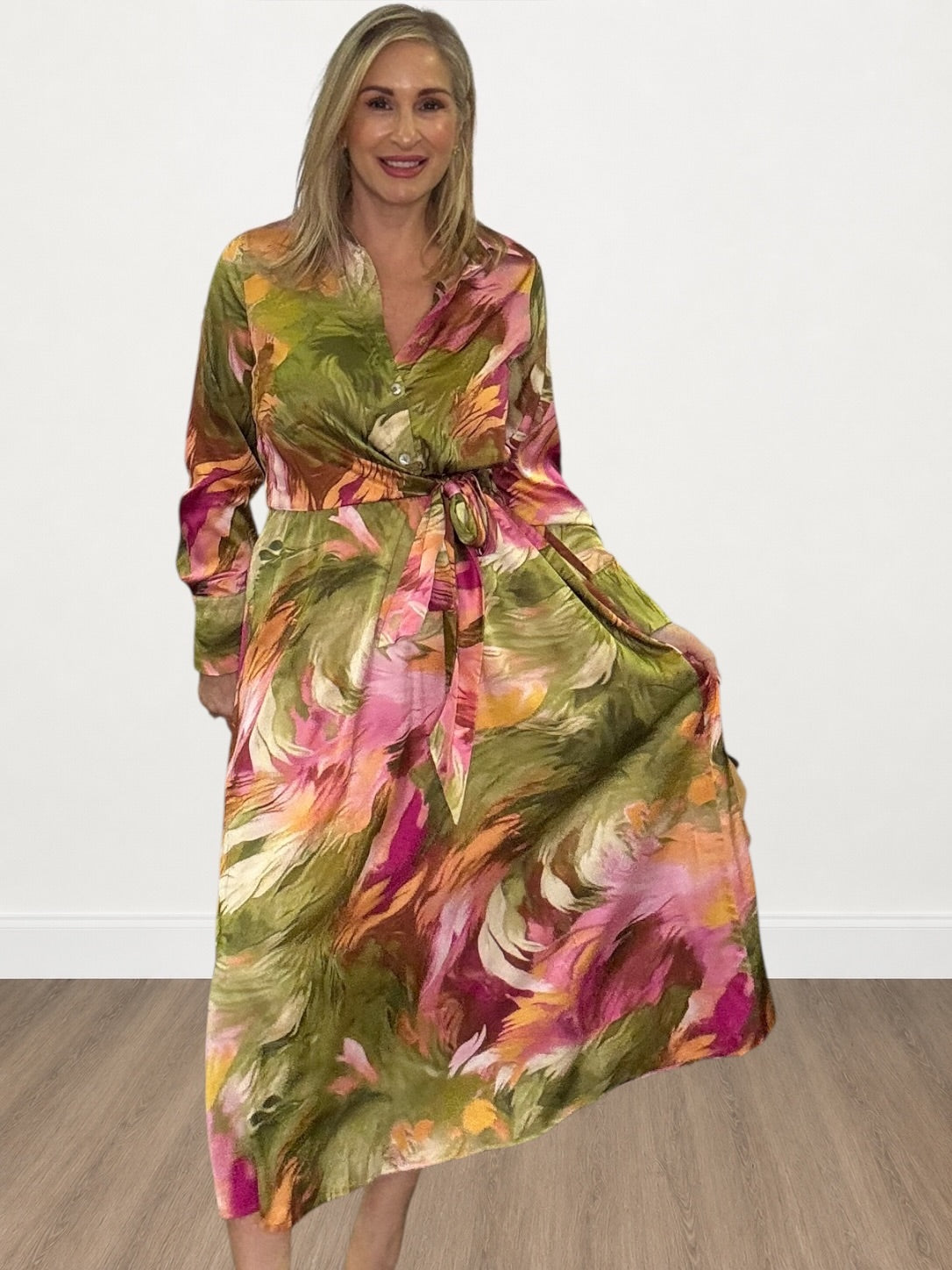 Olive and Pink Down Midi Dress