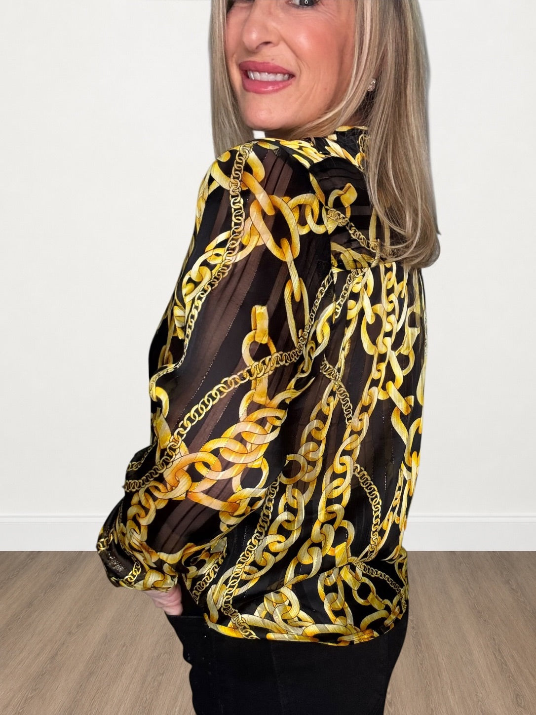 Gold Chain Print Tie-Front Sheer Blouse