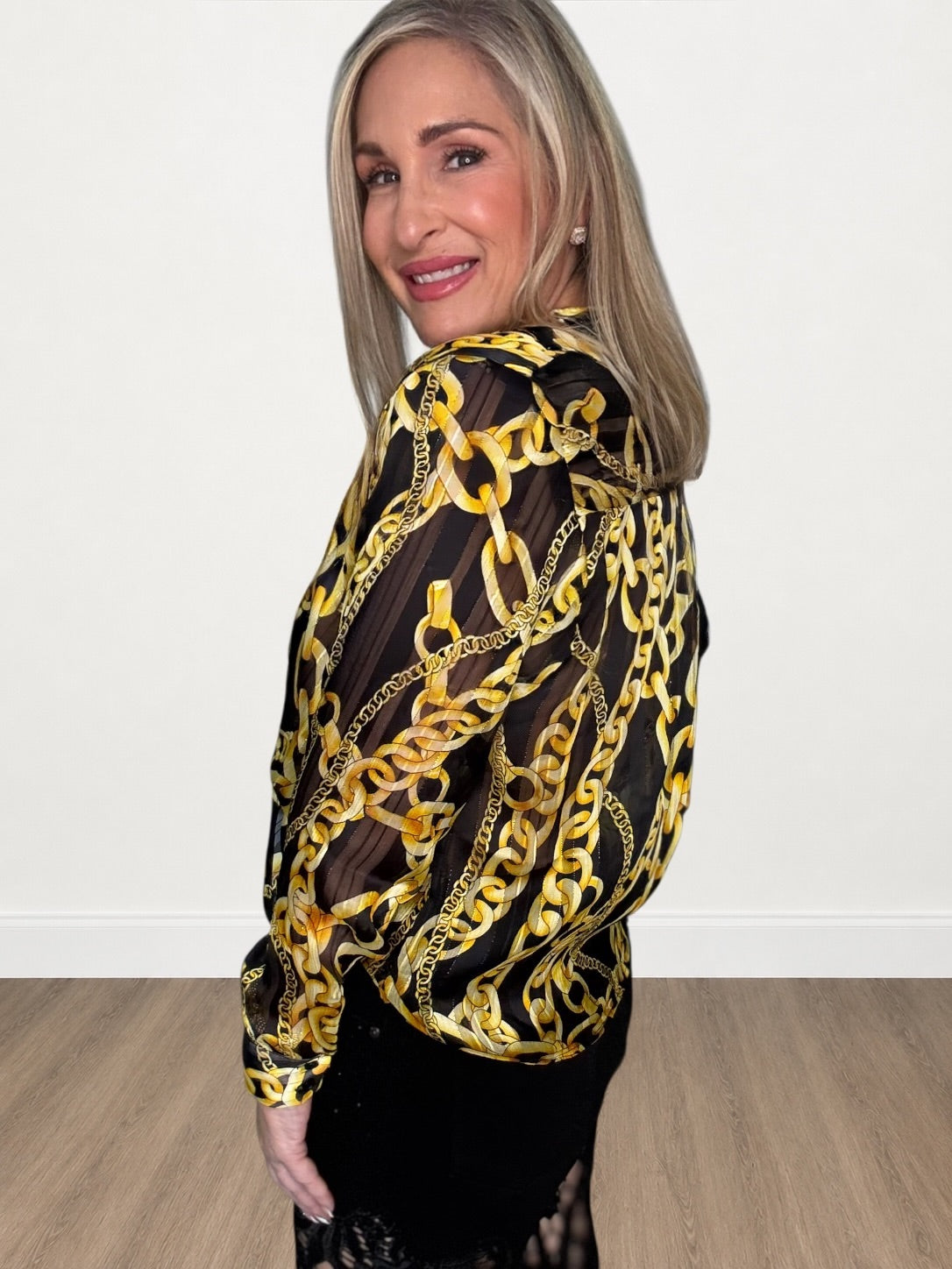 Gold Chain Print Tie-Front Sheer Blouse