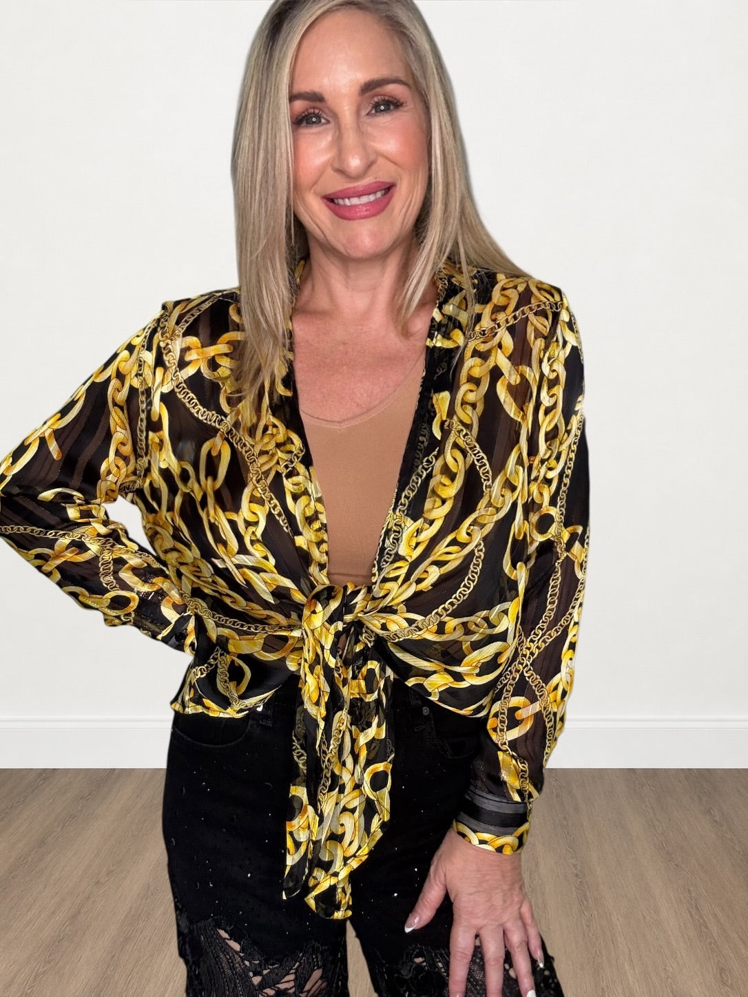 Gold Chain Print Tie-Front Sheer Blouse