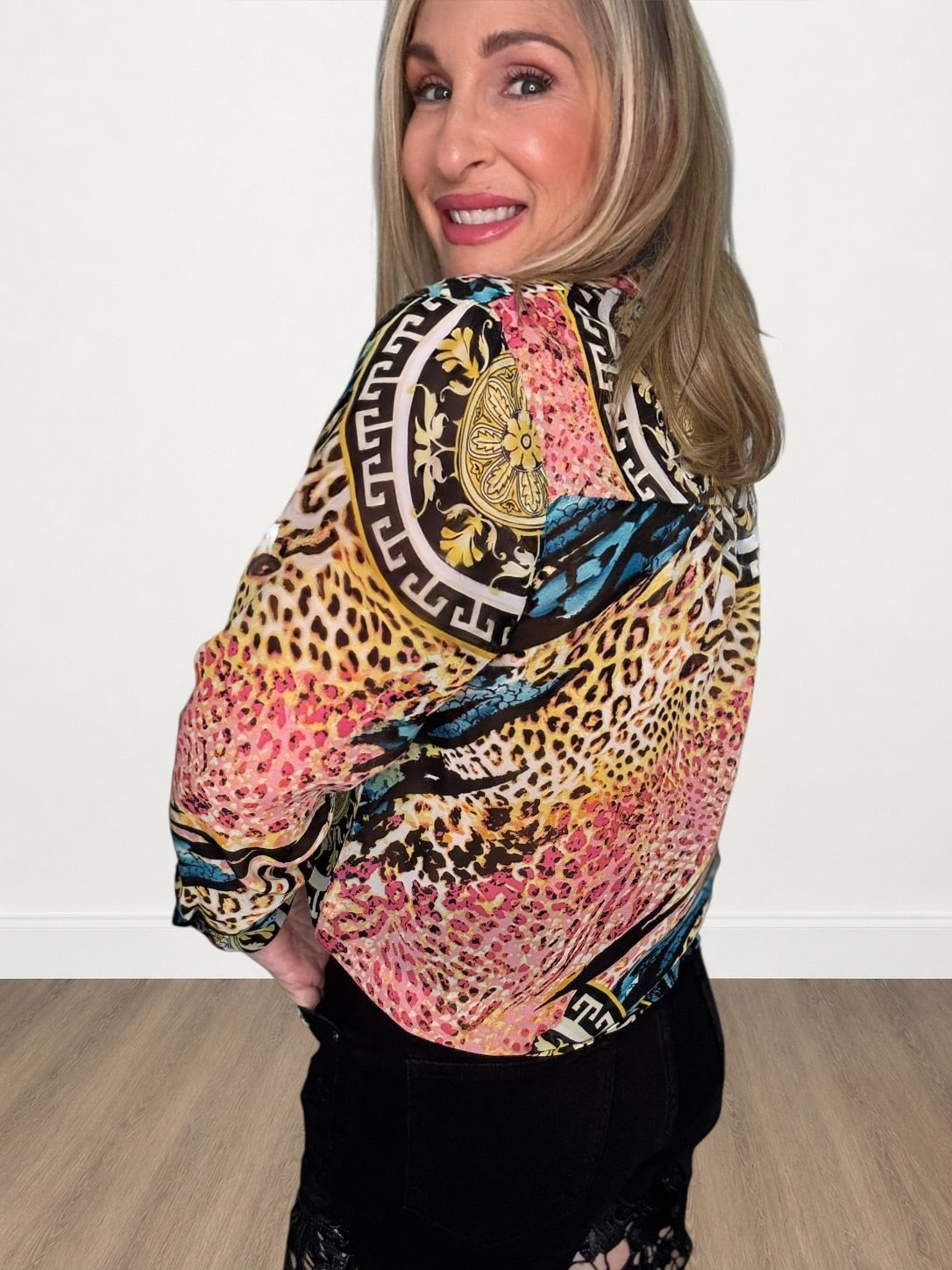 Baroque Mixed Print Tie-Front Blouse