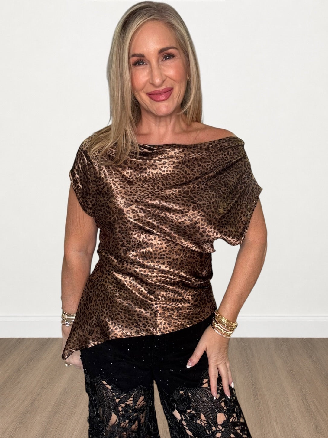 Leopard Print Asymmetrical Off Shoulder Satin Blouse