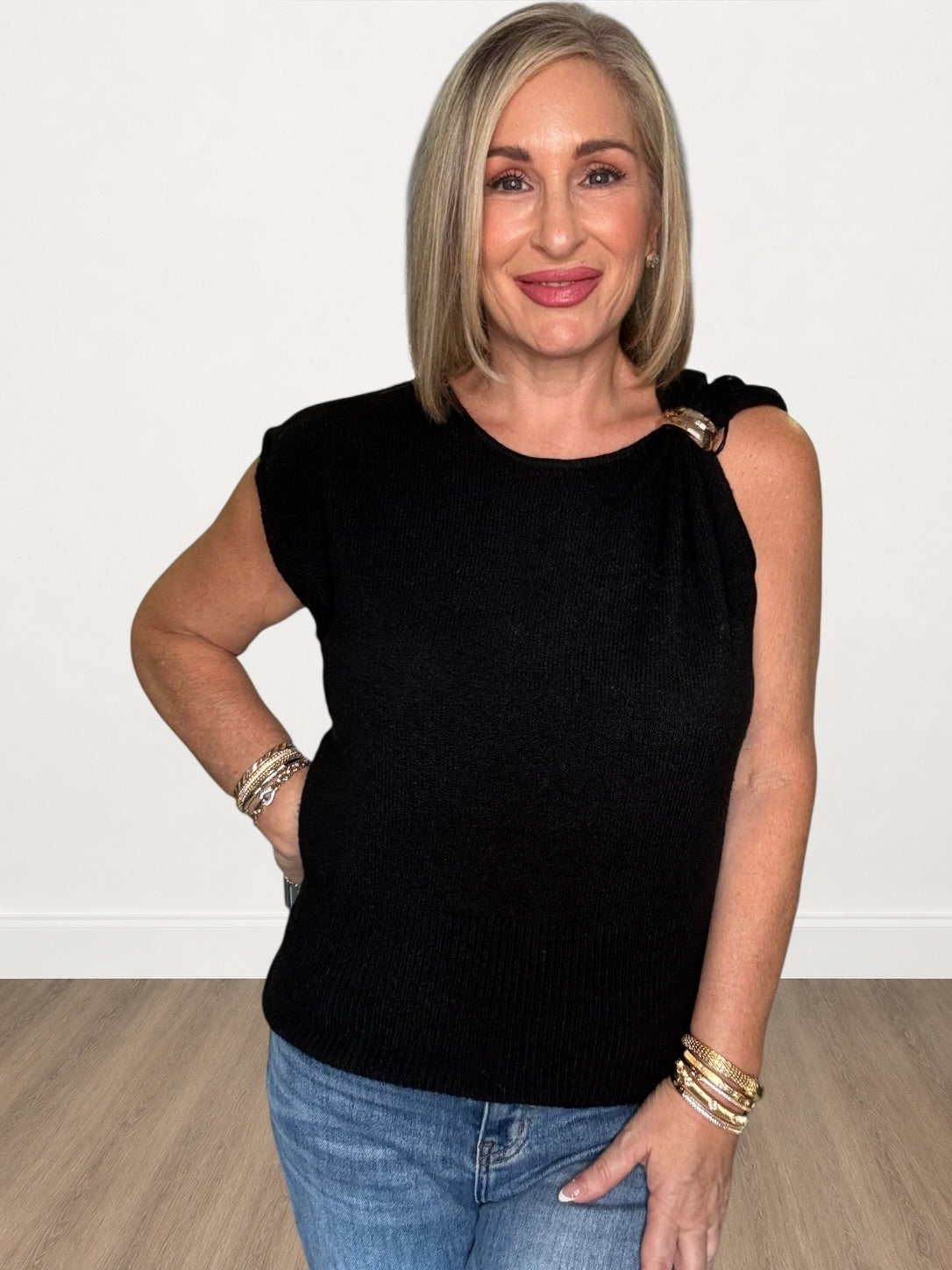 Gold-Accented Asymmetrical Knit Top