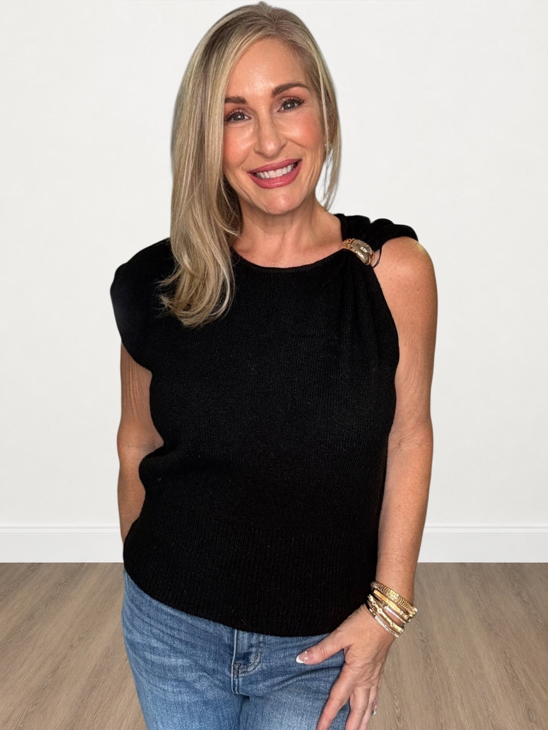 Gold-Accented Asymmetrical Knit Top