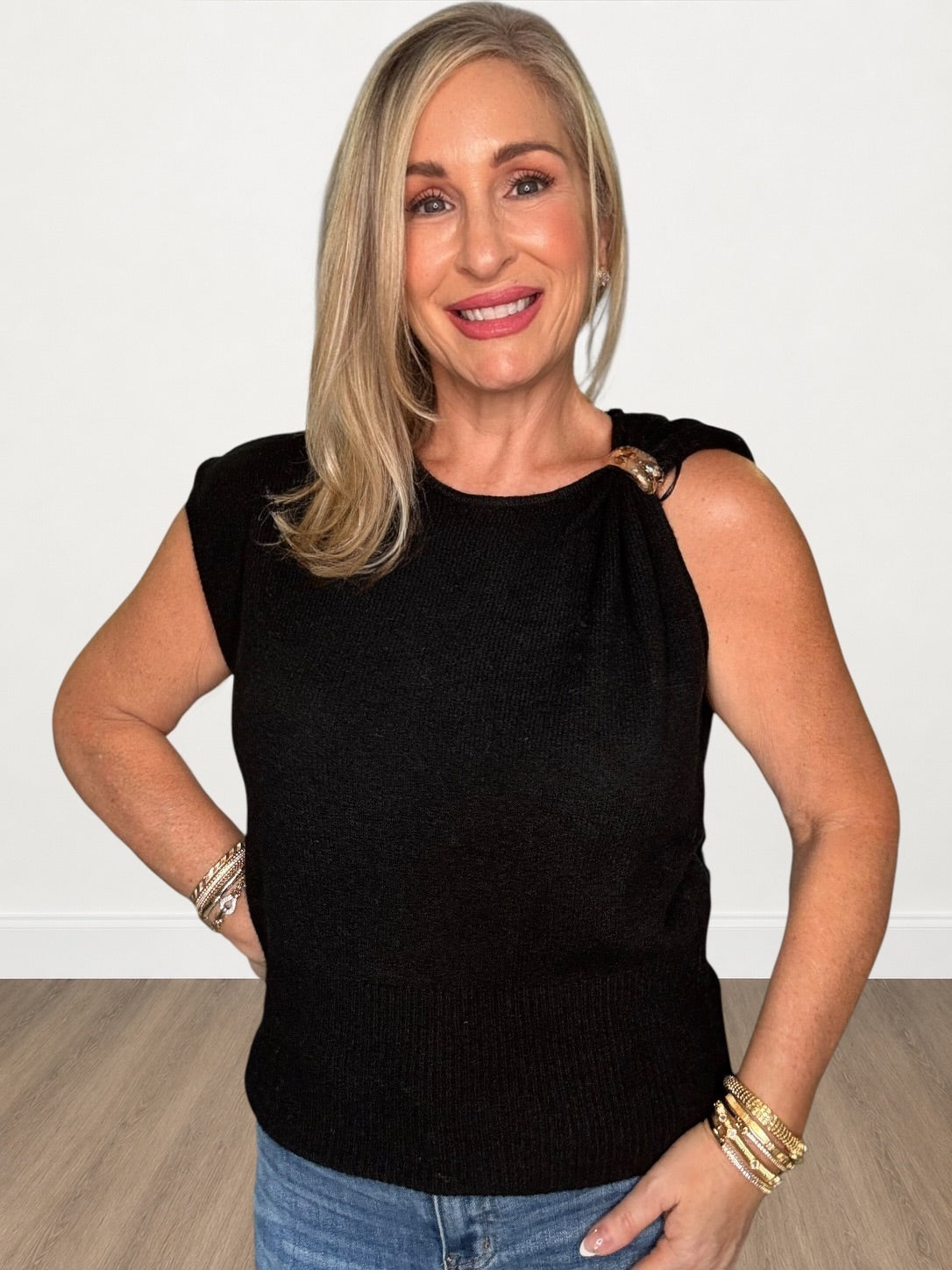 Gold-Accented Asymmetrical Knit Top