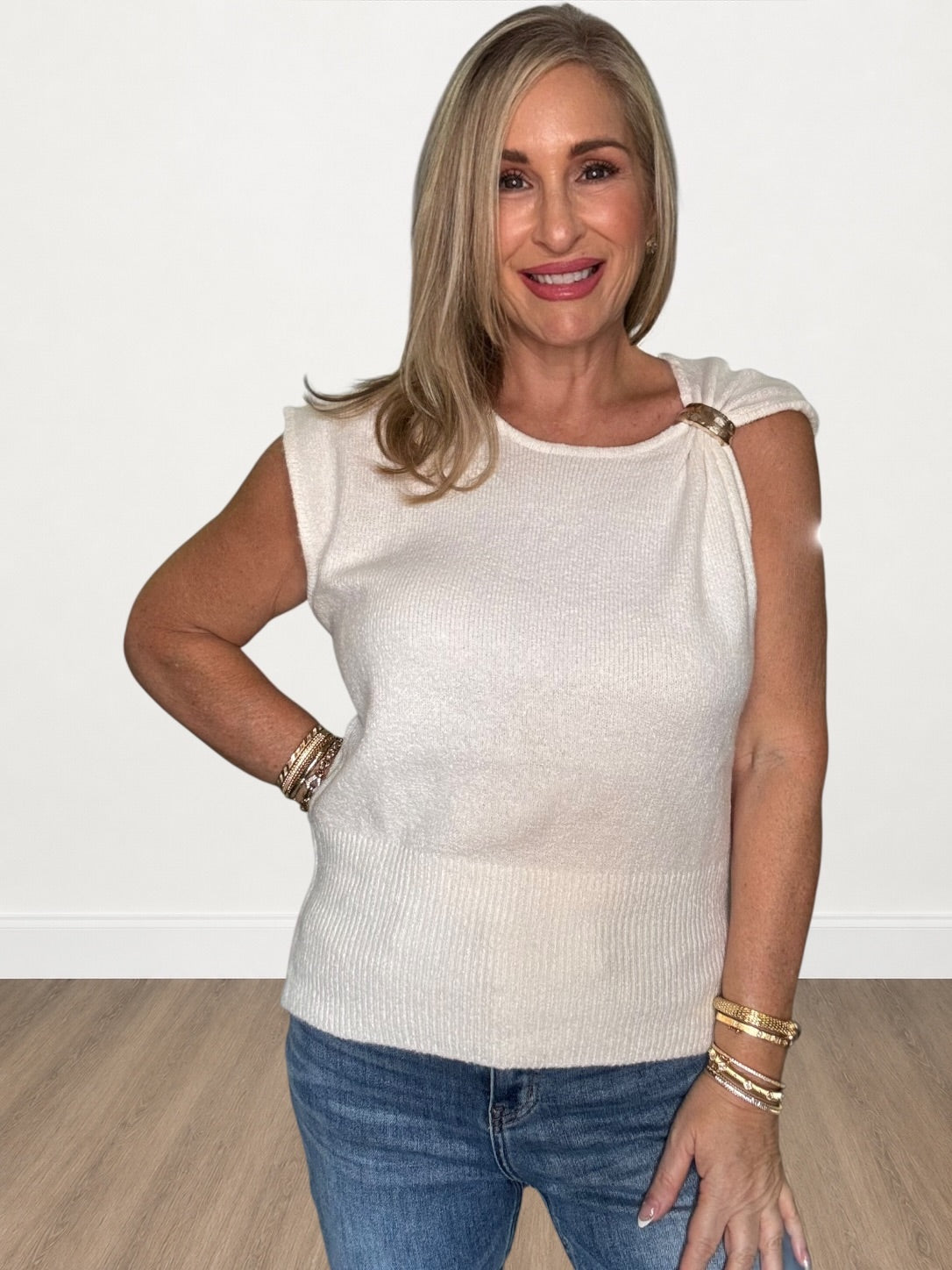 Gold-Accented Asymmetrical Knit Top