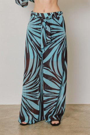 Tropical Palm Leaf Wide-Leg Chiffon Pants