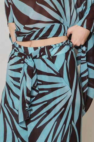 Tropical Palm Leaf Wide-Leg Chiffon Pants
