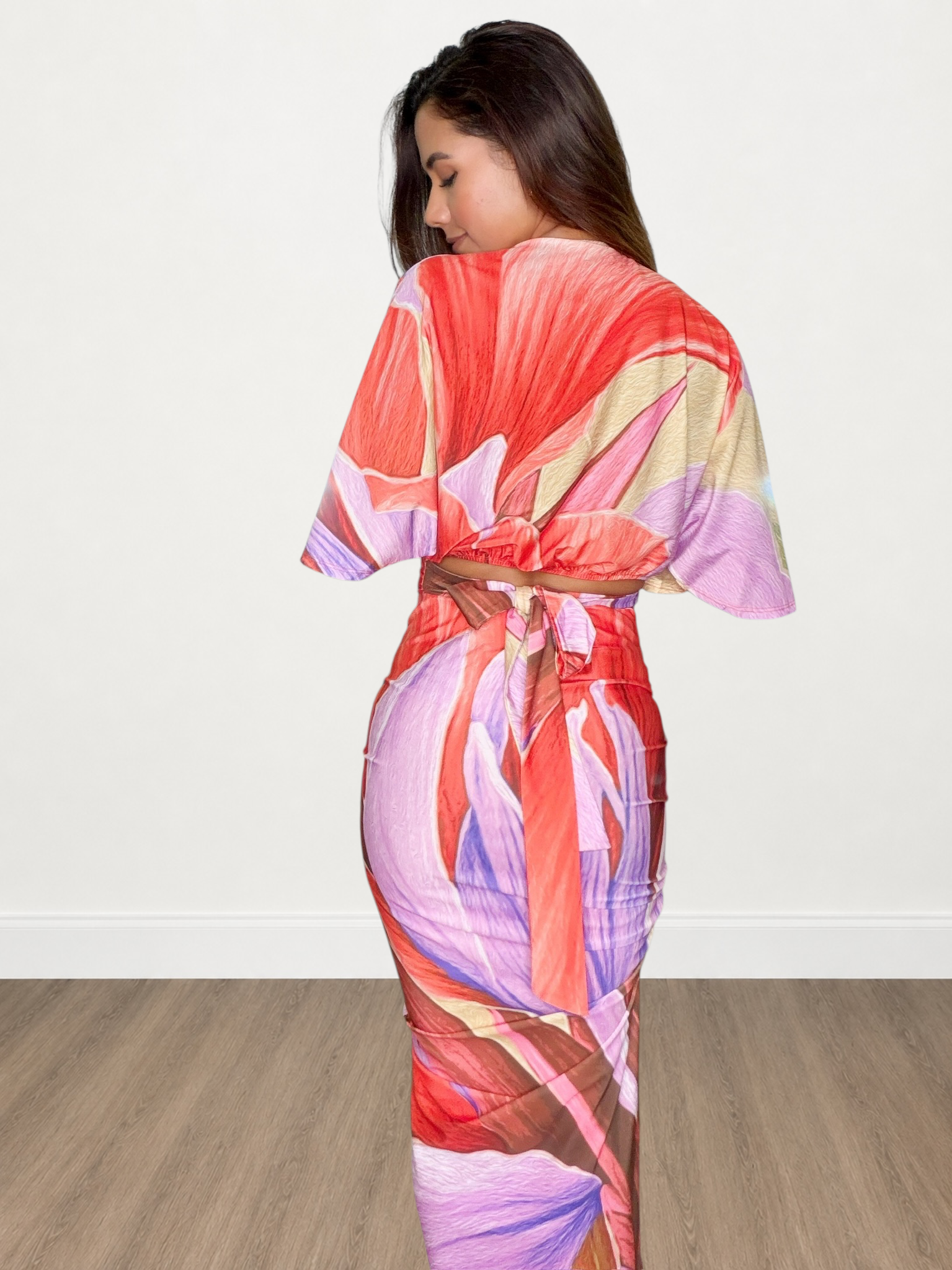 Short Dolman Sleeve Cropped Top & Ruched Slit Skirt Set