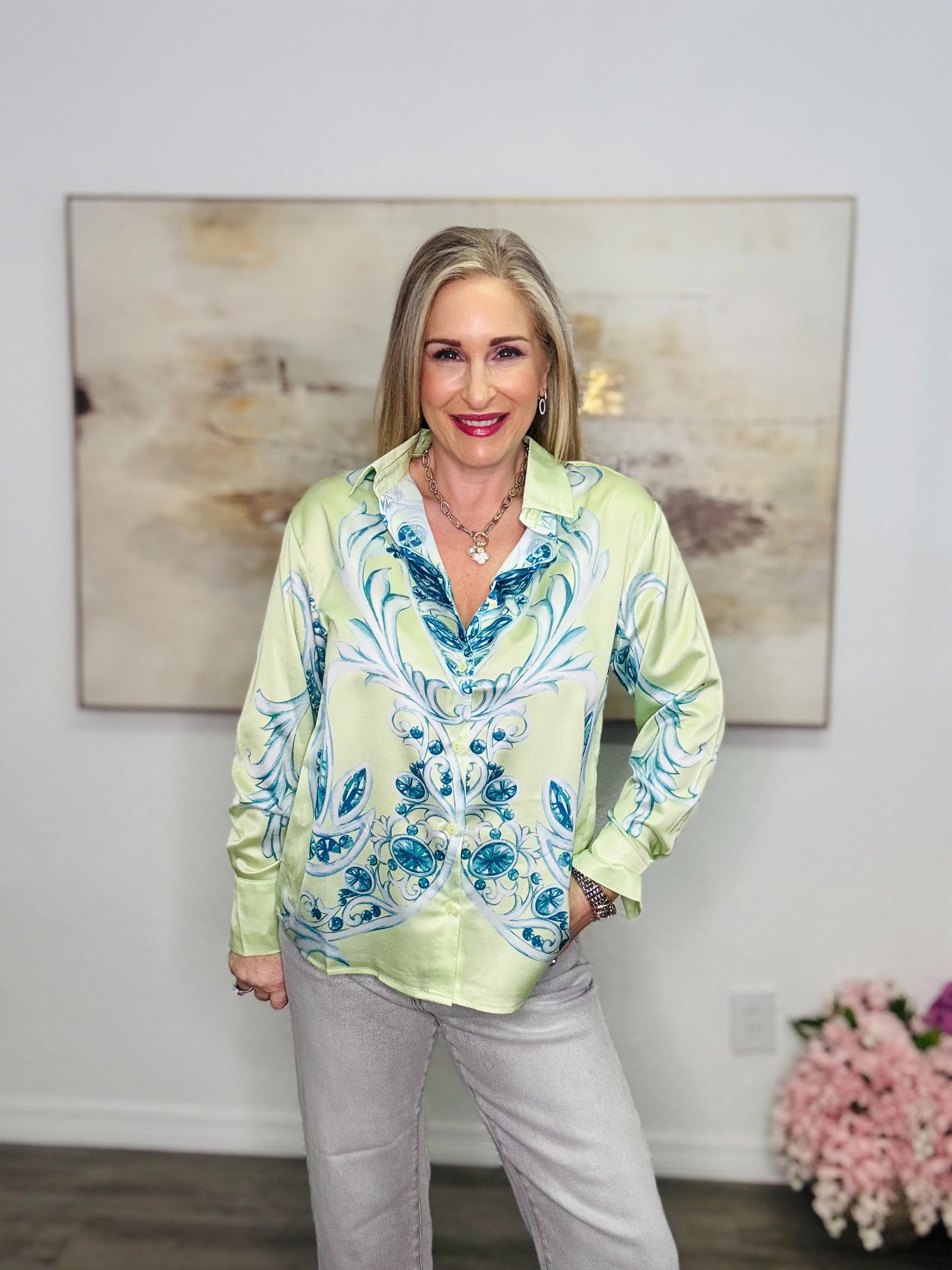 Lemon-Lime Button-Down Satin Shirt