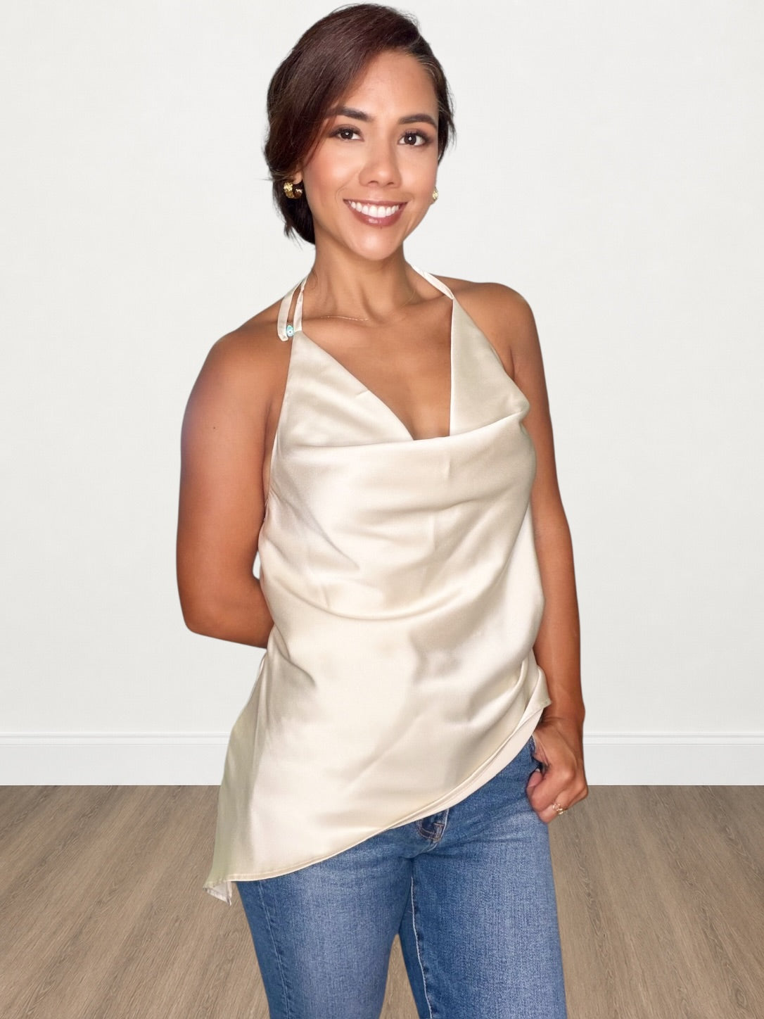 Satin Halter Cowl Back Top