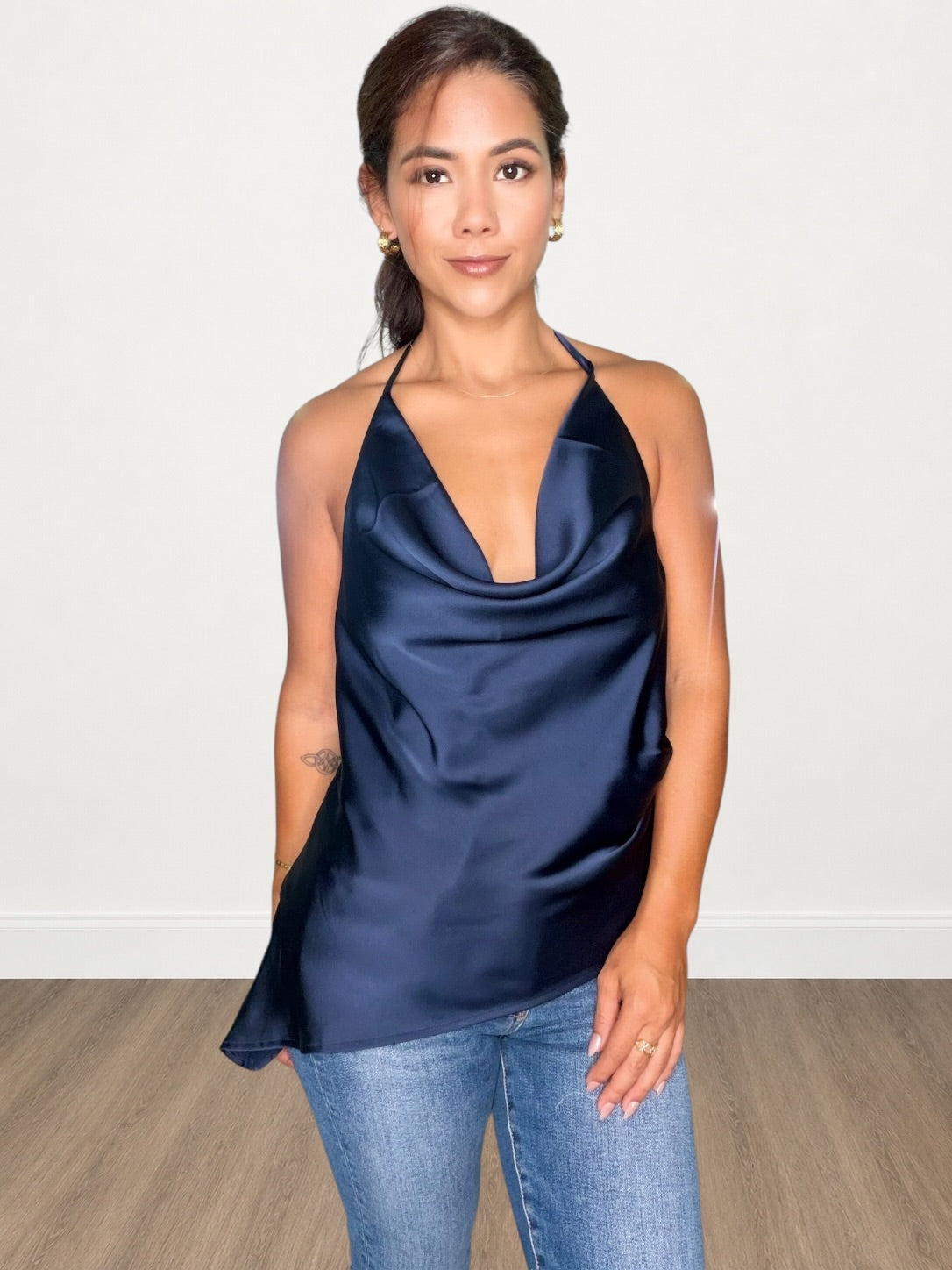 Satin Halter Cowl Back Top