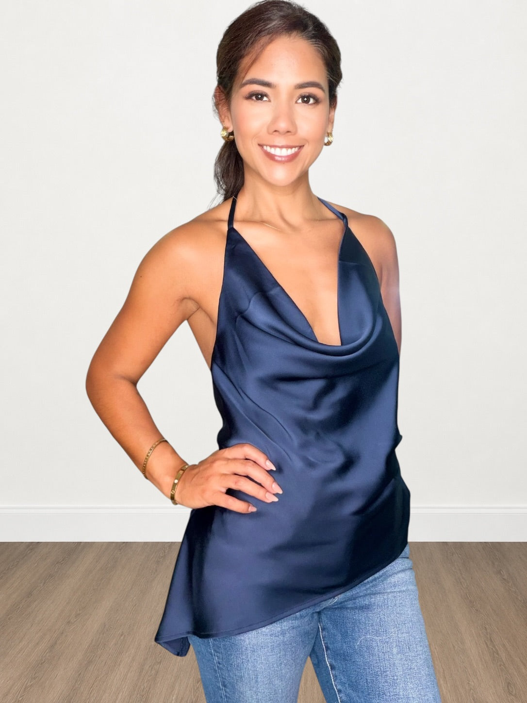 Satin Halter Cowl Back Top