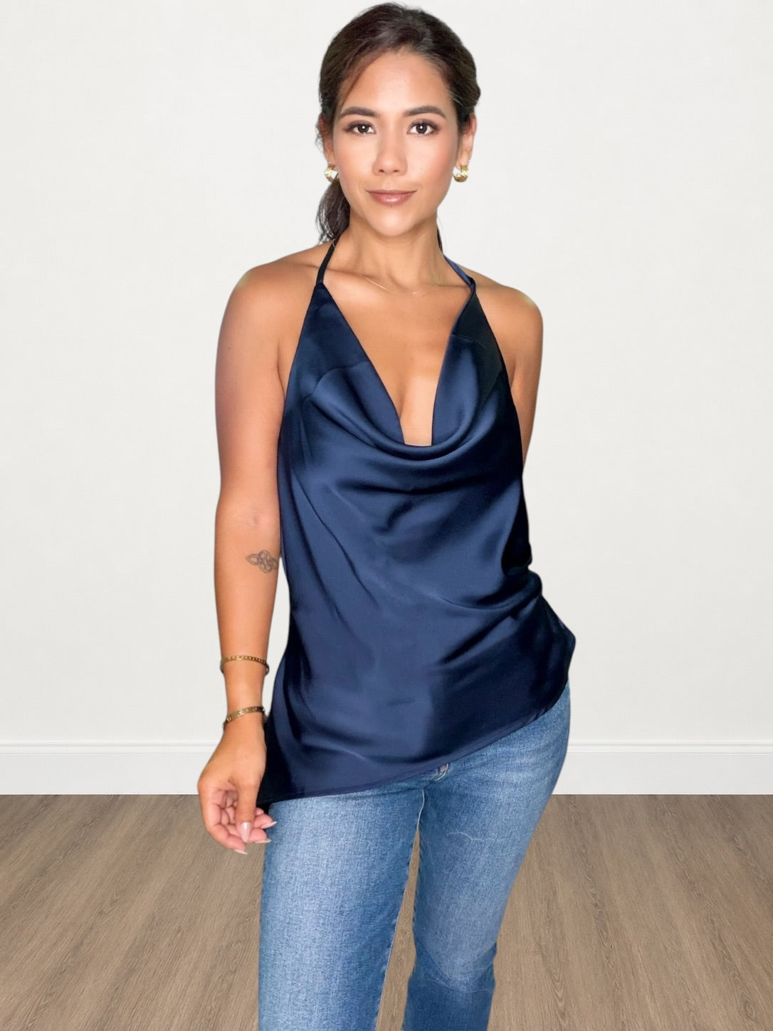Satin Halter Cowl Back Top