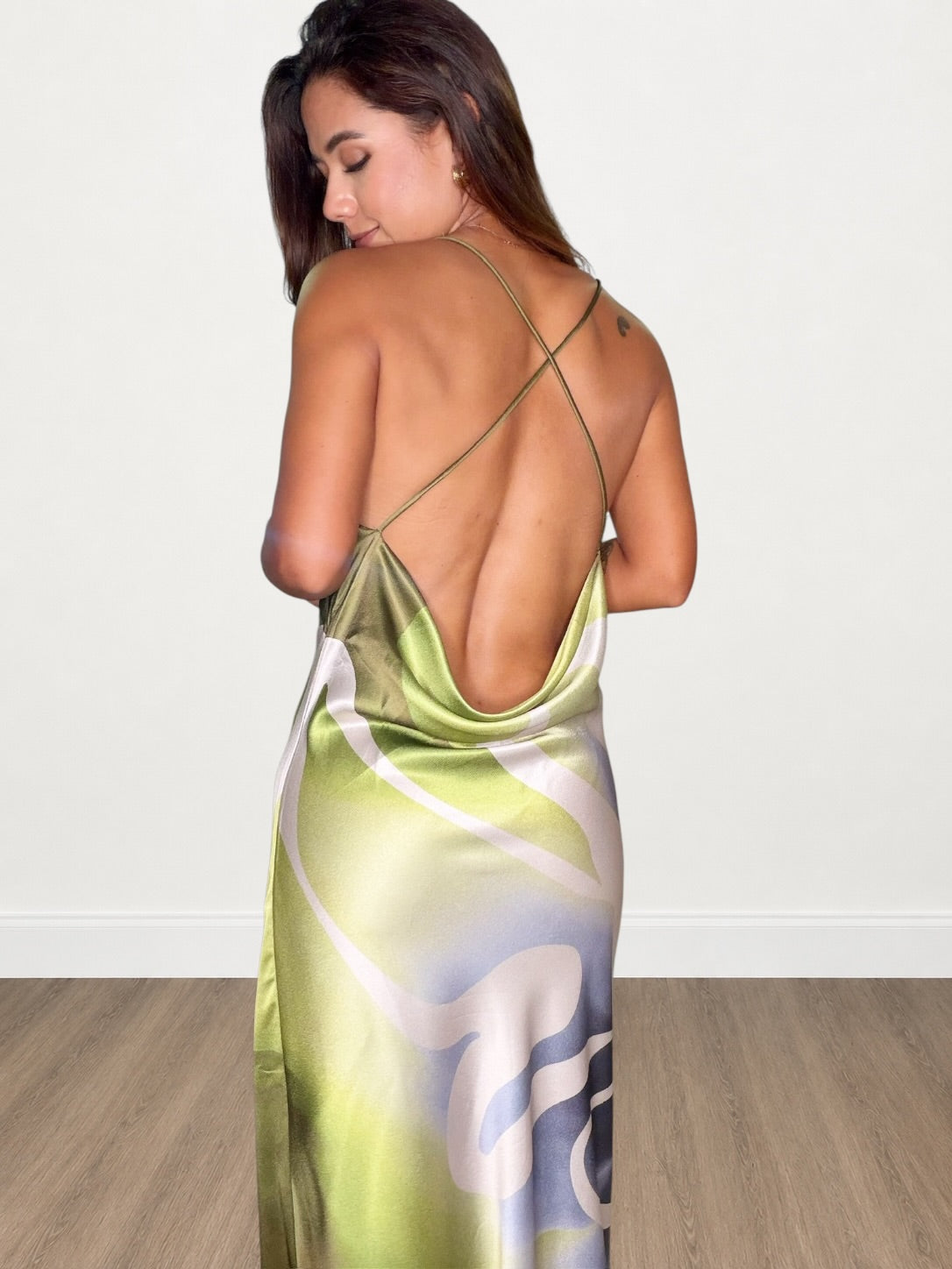 Green Abstract Print Satin Maxi Dress