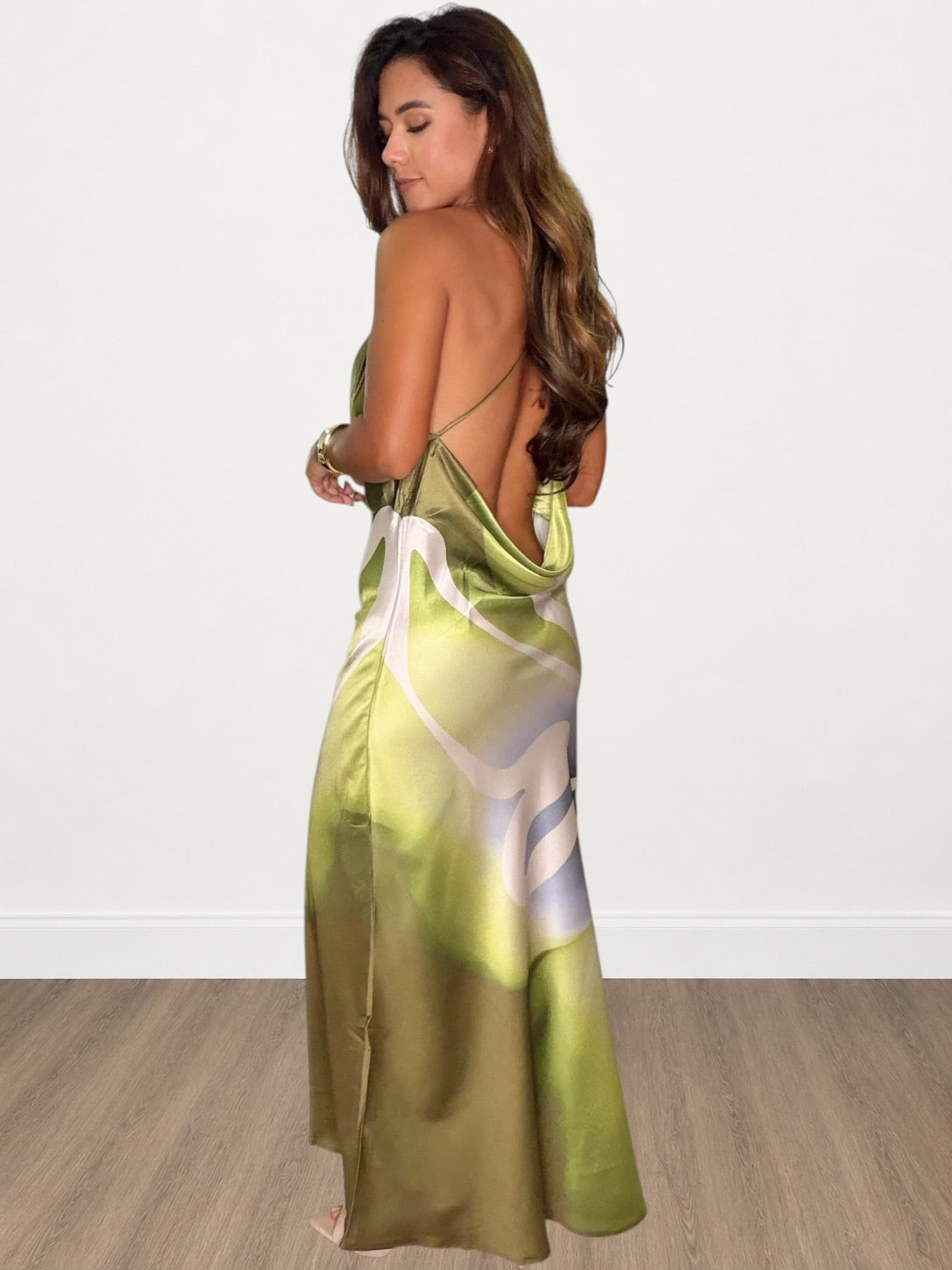 Green Abstract Print Satin Maxi Dress