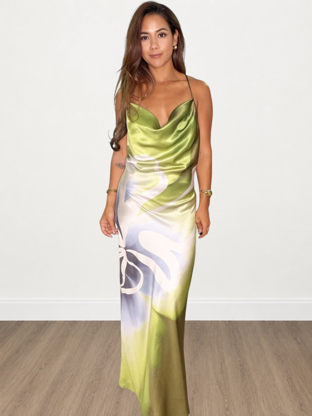 Green Abstract Print Satin Maxi Dress