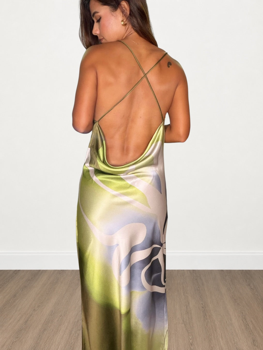 Green Abstract Print Satin Maxi Dress