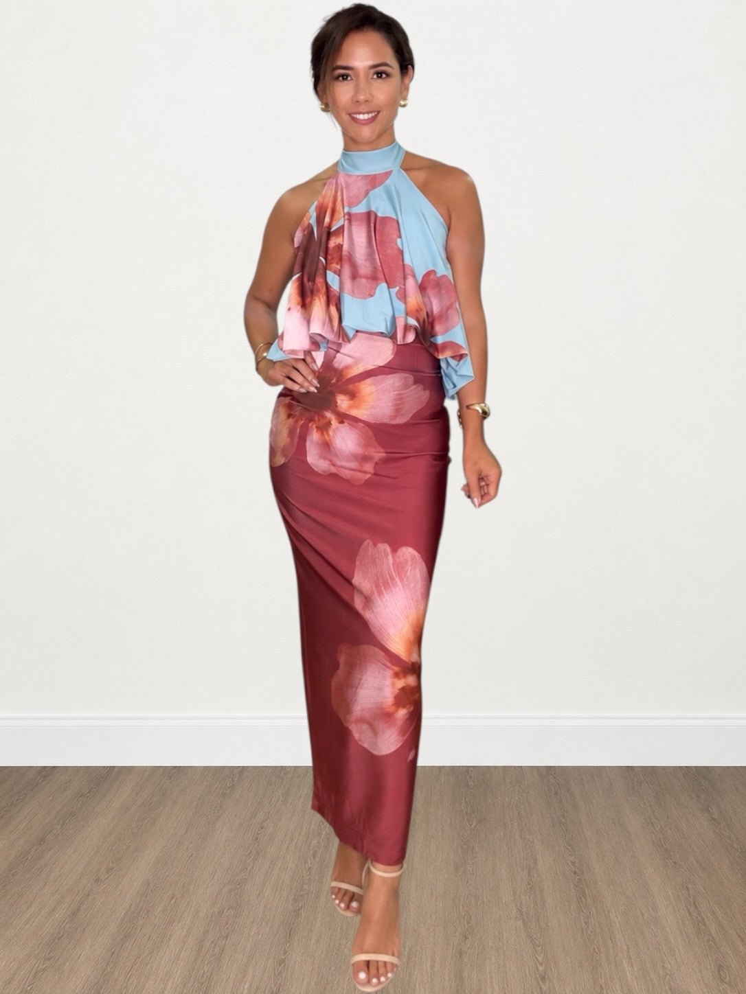 Floral Halter Open Back Maxi Dress