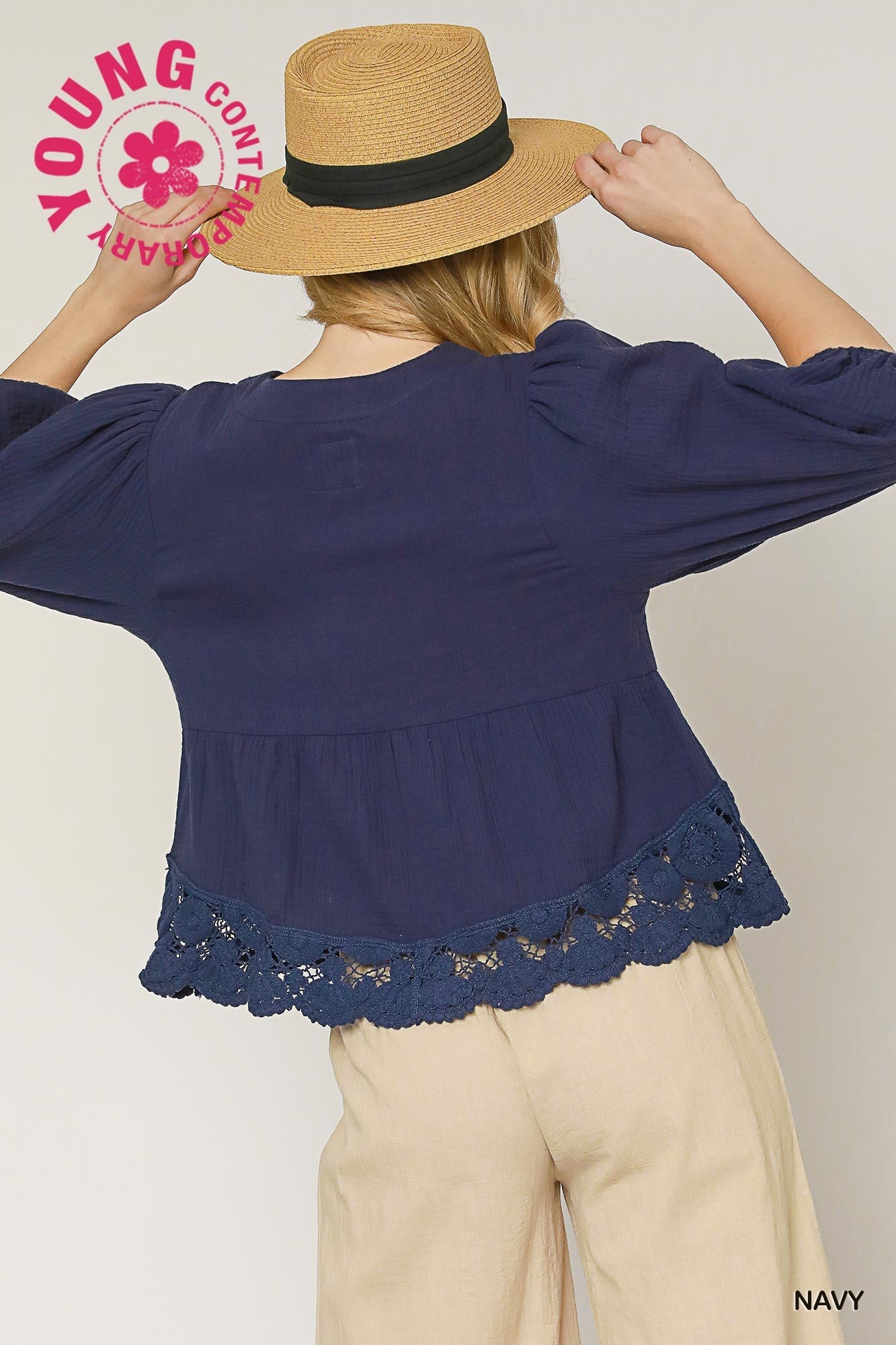 The Navy Gauze Crochet Top