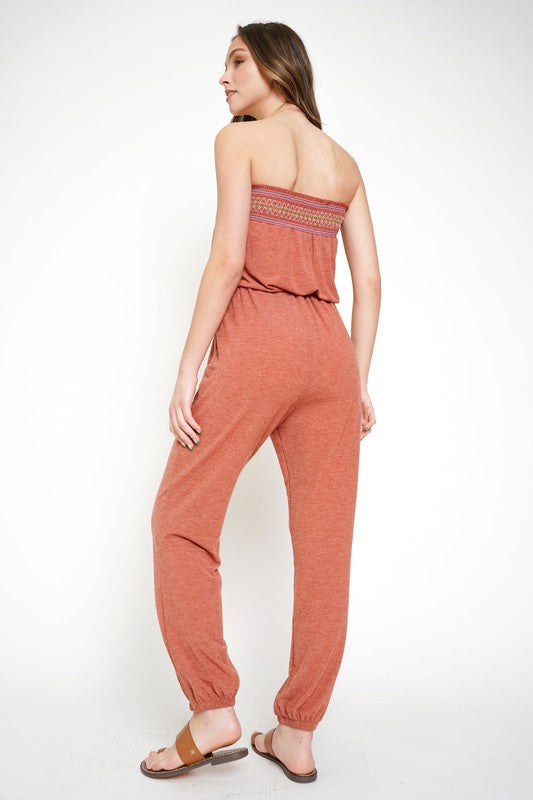 Tube Jumpsuit with Embroidered Smocking