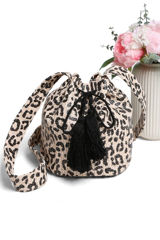 Metallic Foil Leopard Straw Crossbody Bucket Bag