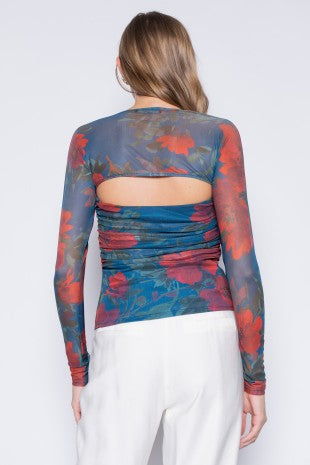 Ruched Mesh Floral Bolero Top