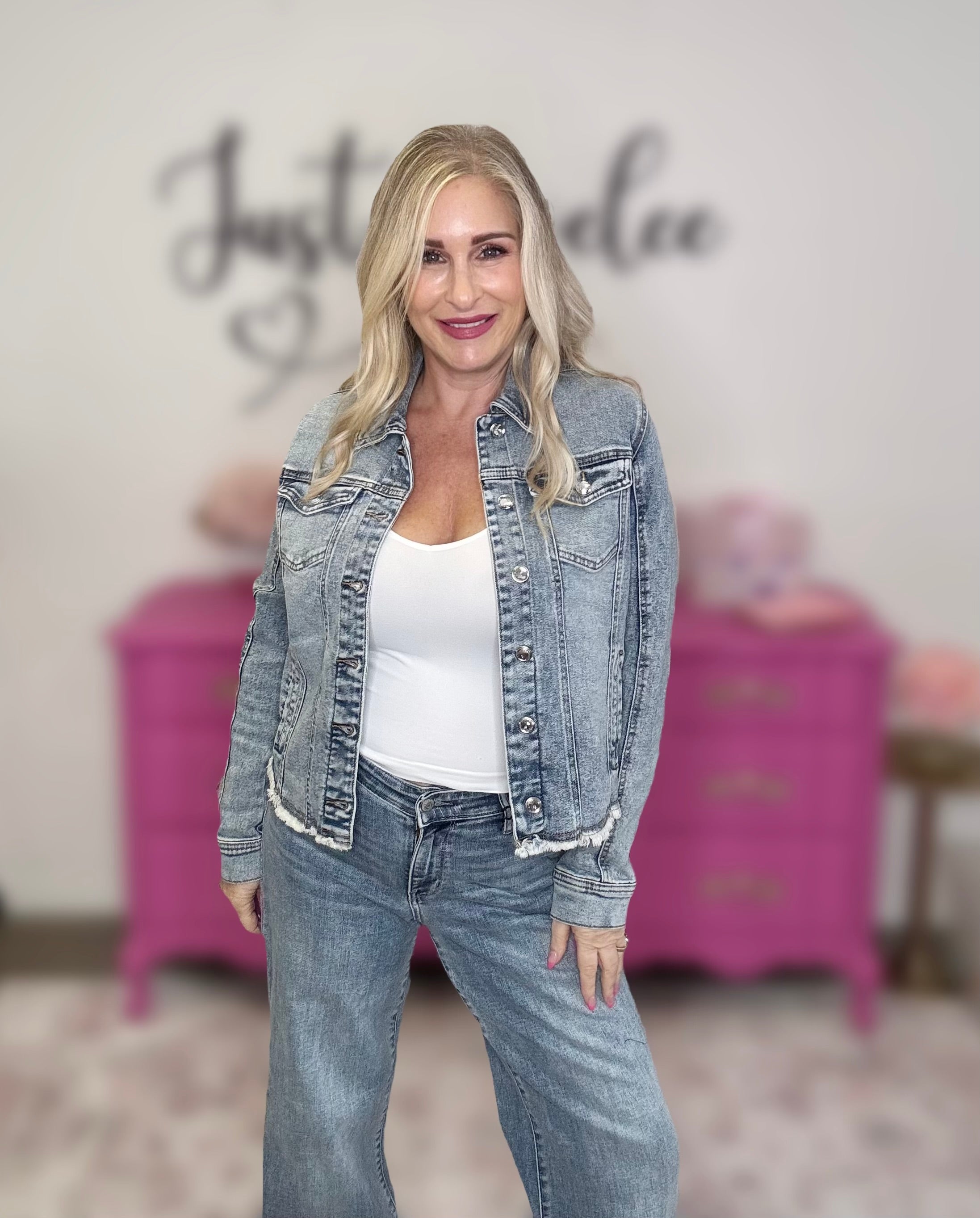 The Frayed Rhinestone Button Denim Jacket