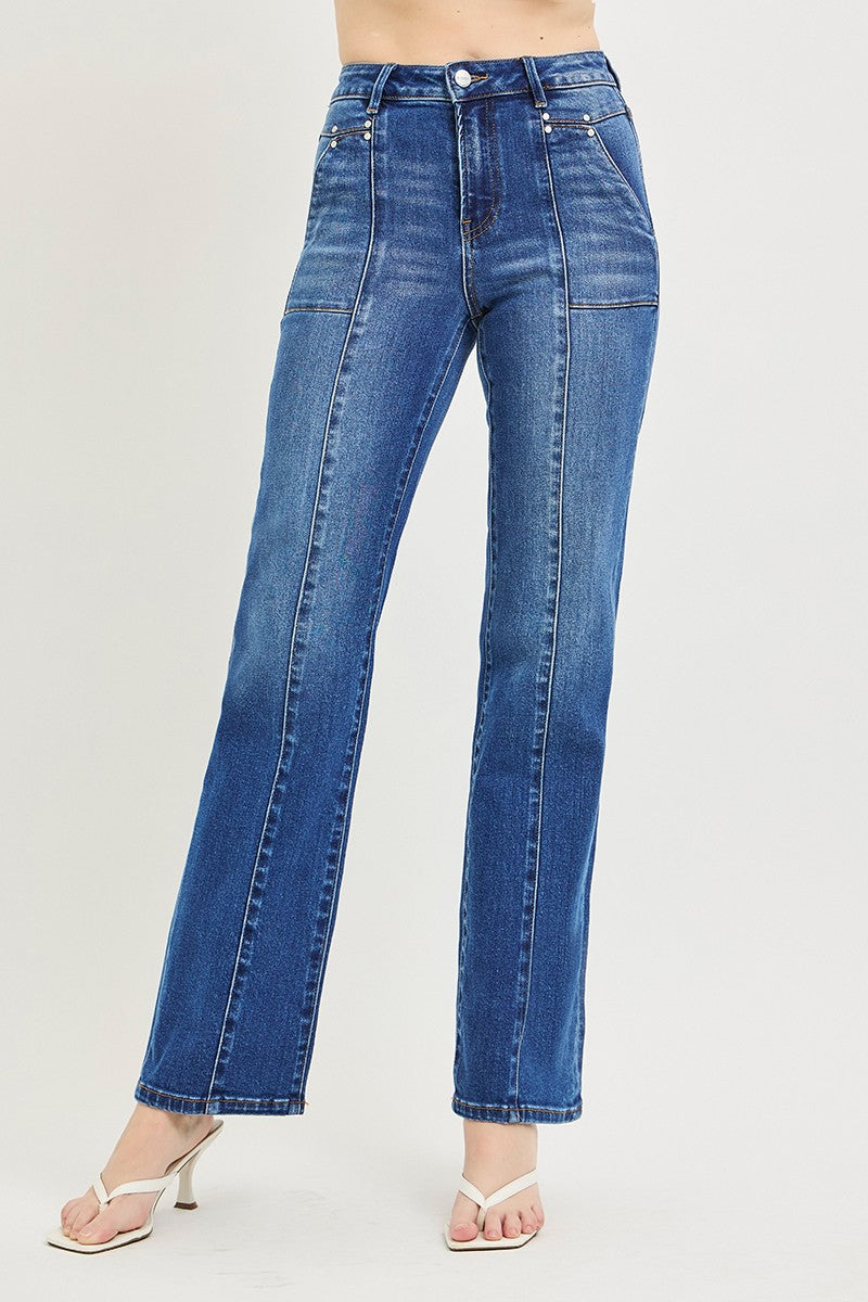 High Rise Straight Patch Pocket Seamed Jeans