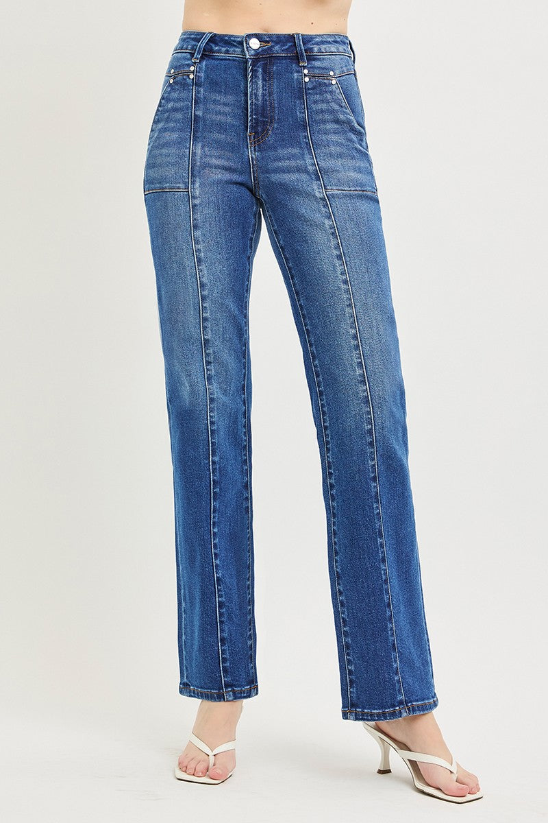 High Rise Straight Patch Pocket Seamed Jeans