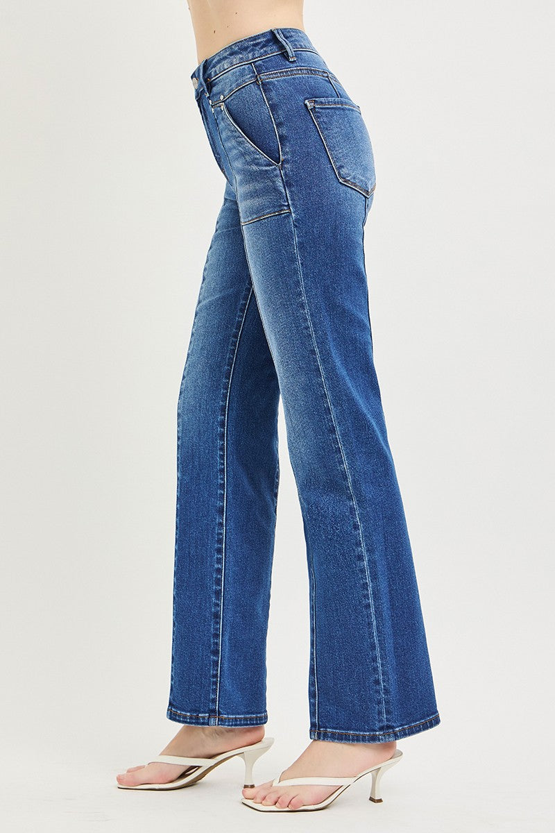 High Rise Straight Patch Pocket Seamed Jeans