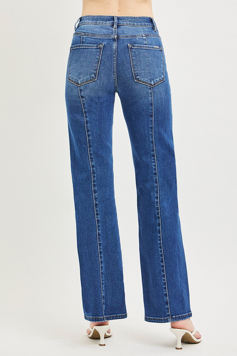 High Rise Straight Patch Pocket Seamed Jeans
