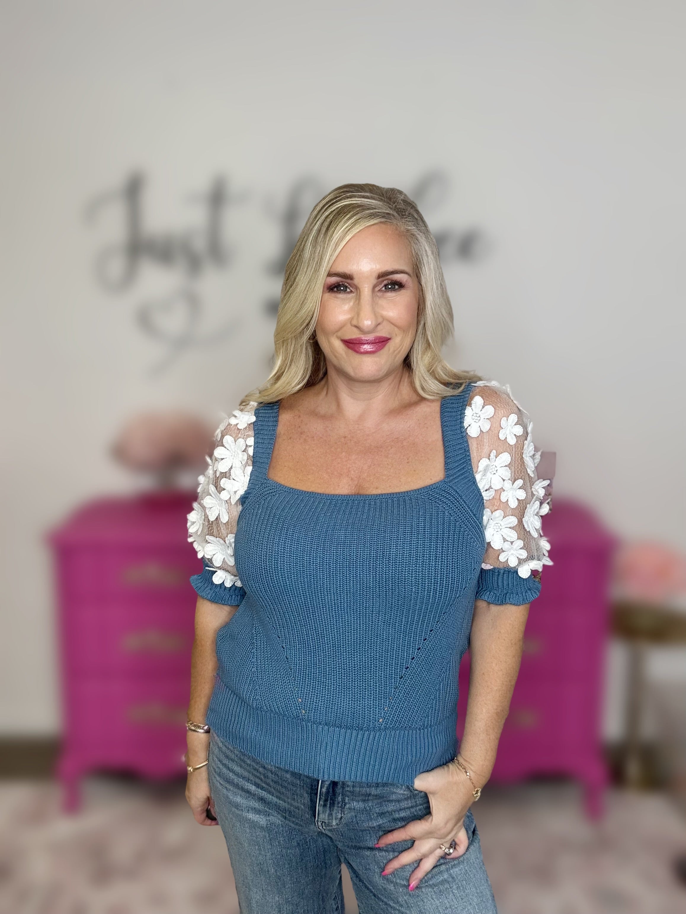 The Floral Lace Puffed Sleeve Knit Top