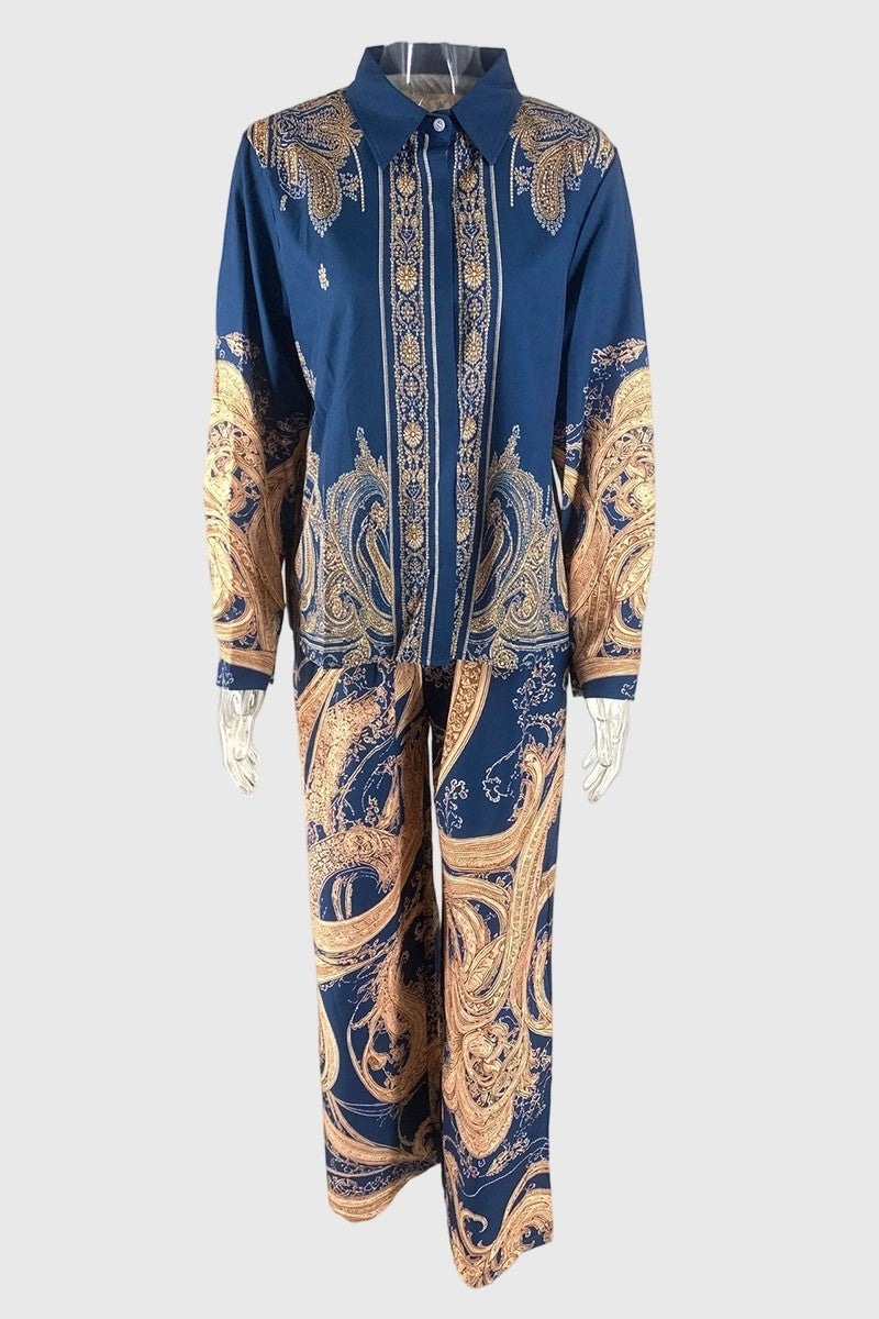 Navy Ornate Print Two-Piece Pants Set