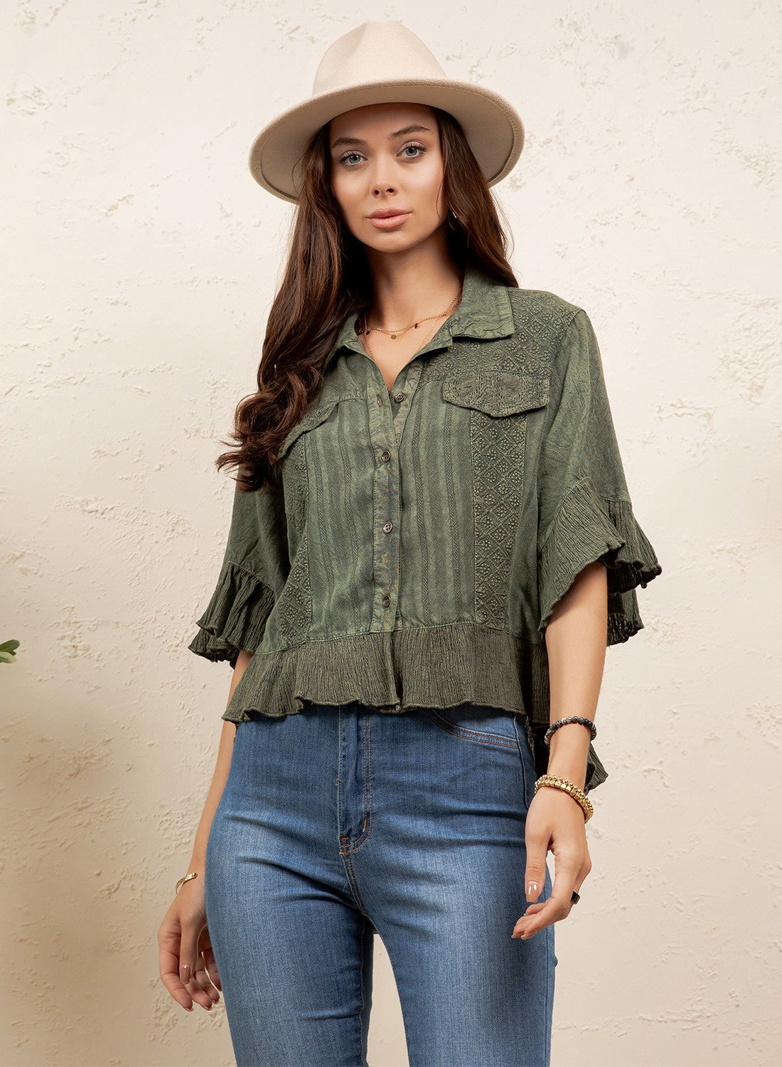 Distressed Denim Crop Ruffle Jacket