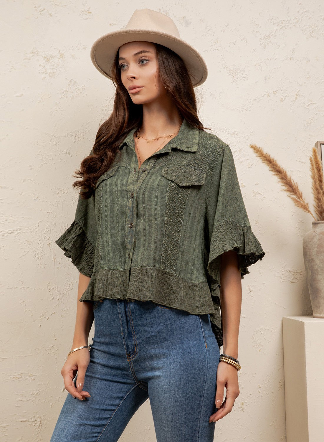 Distressed Denim Crop Ruffle Jacket