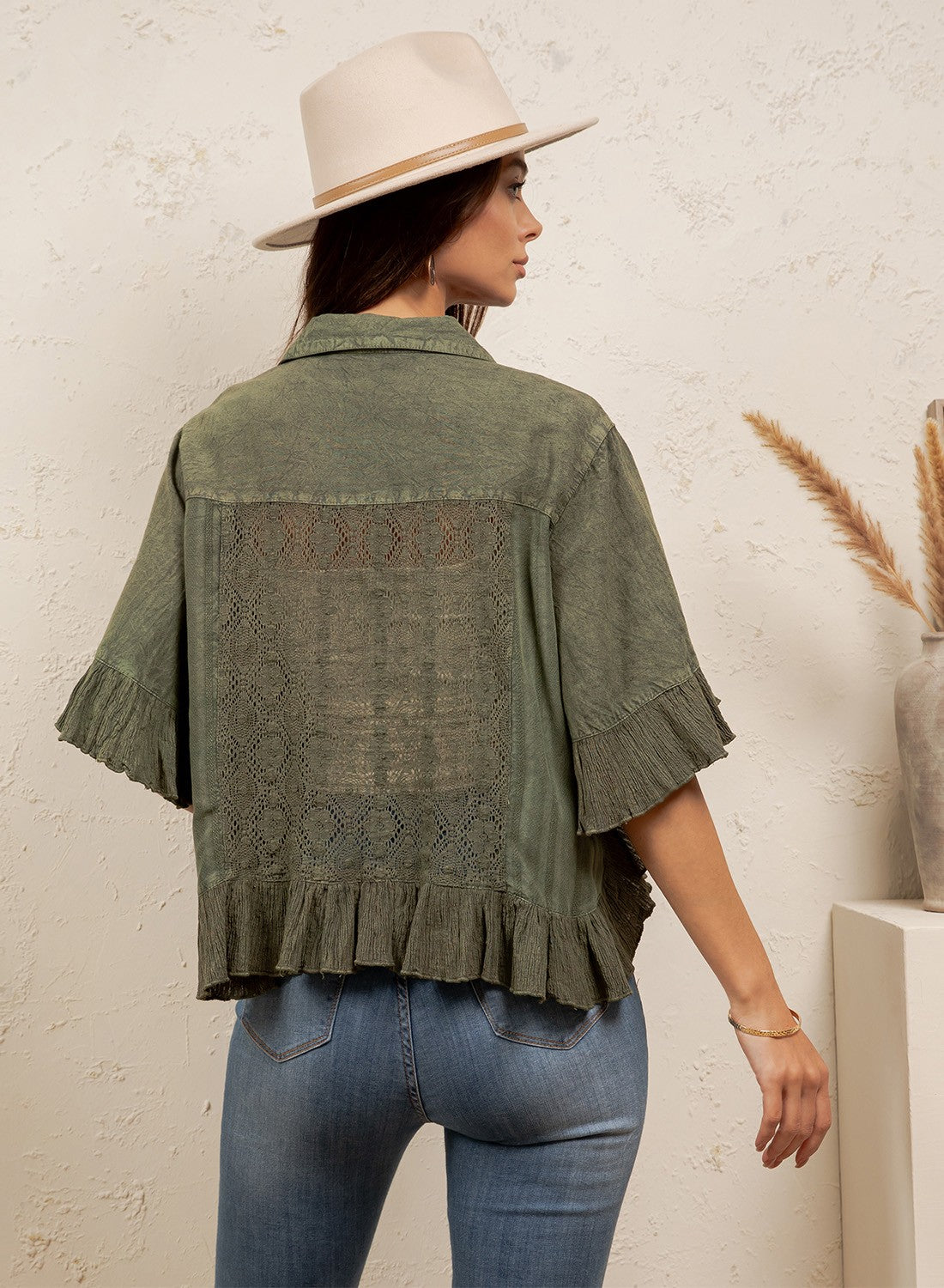 Distressed Denim Crop Ruffle Jacket